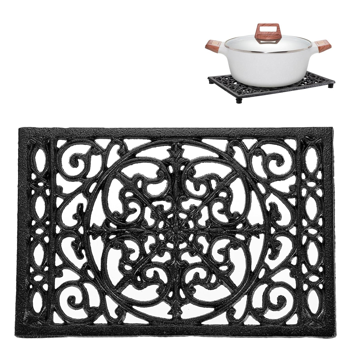 Sumnacon 1Pcs Rectangle Cast Iron Trivet - Heat Resistant Iron Trivet For Hot Dish Pot Pan Plate Teapot, Rustic Cast Iron Hot Di