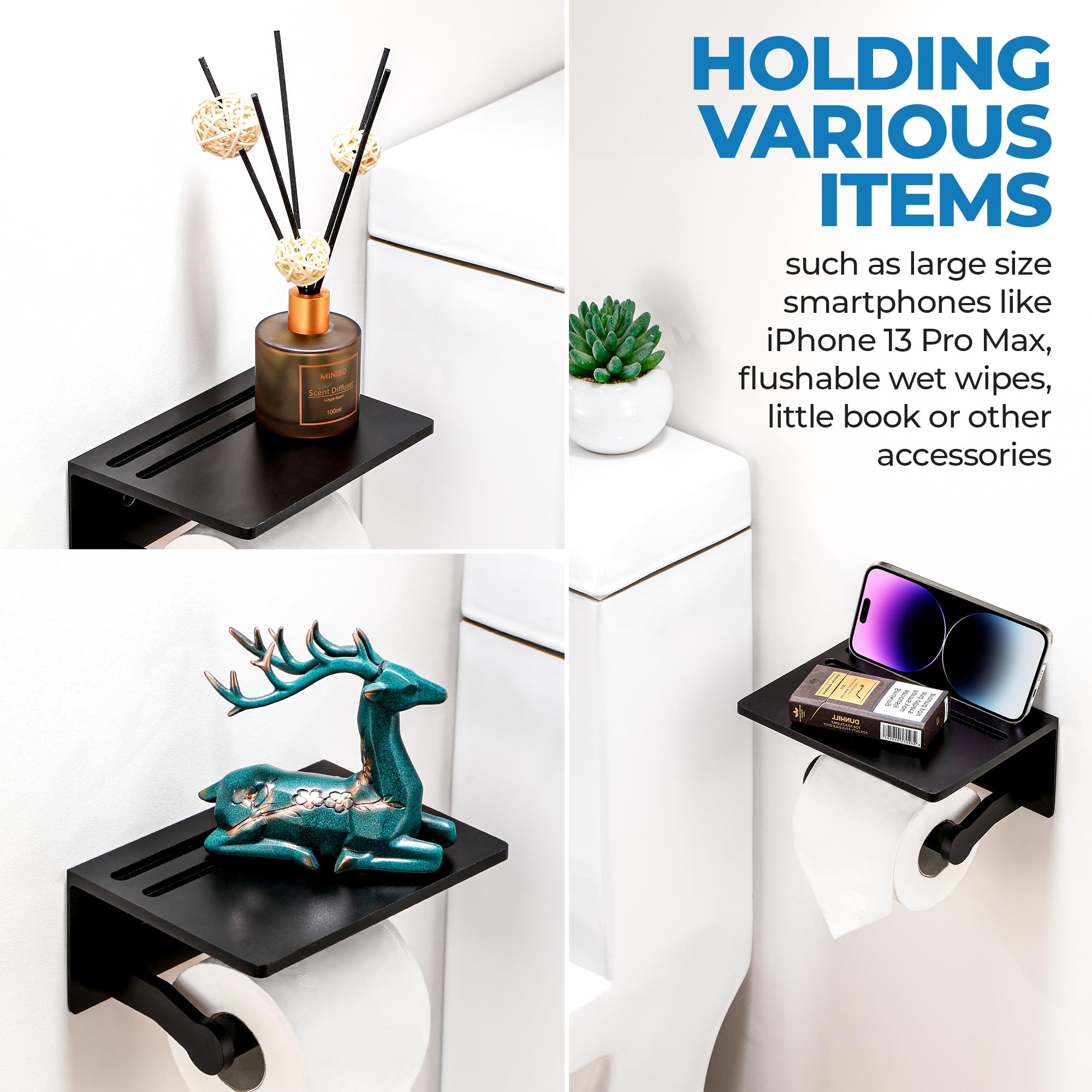 Smarthome Toilet Paper Holder with Shelf  Black Anti-Rust Aluminum Tissue Roll Holder with Mobile Phone Storage Shelf for Bathroom  3M Self Adhesive No Drilling or Wall Mounted with Screws
