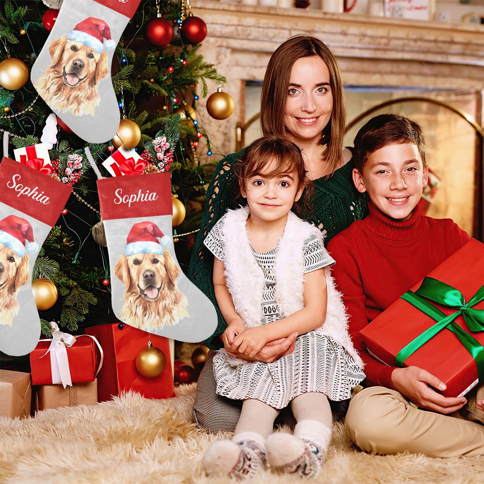 Personalized Santa Hat Golden Retriever Christmas Stockings with Name Custom Xmas Gift Fleece Holiday Decoration Gift 17.52 x 7.