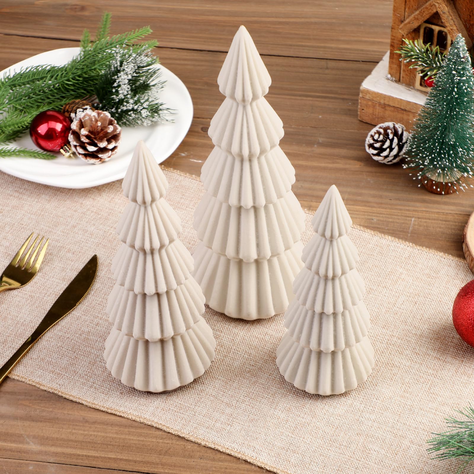 Relaxgiant Set of 3 Velvet Ceramic Christmas Trees Decoration Large Modern Velvet Cone Christmas Tree Figurine Decor Holiday Xma