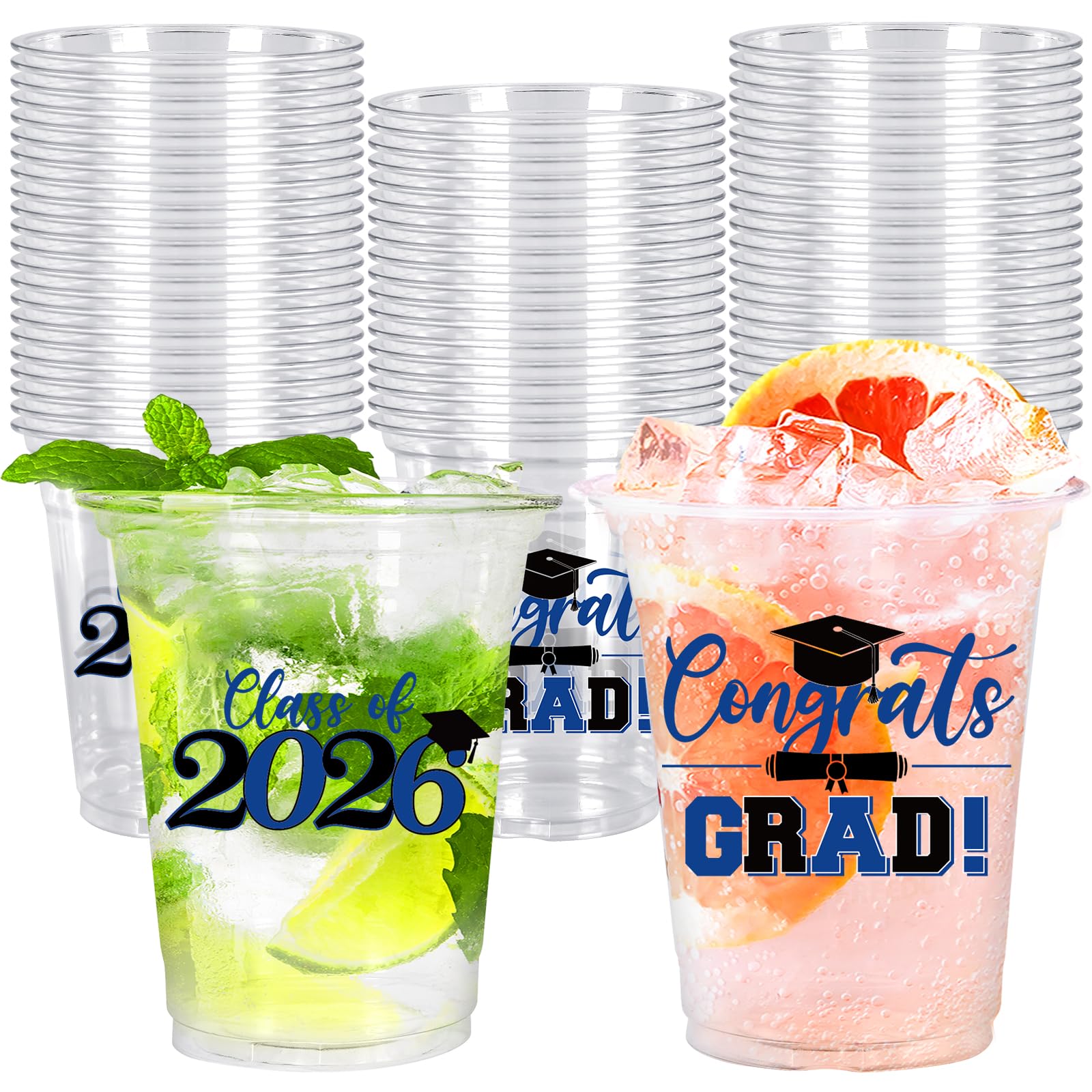 Whaline 50Pcs 12 Oz Graduation Plastic Cups Class of 2026 Disposable Cup Black Blue Congrats Grad Clear Drinking Cup for Grad Pa