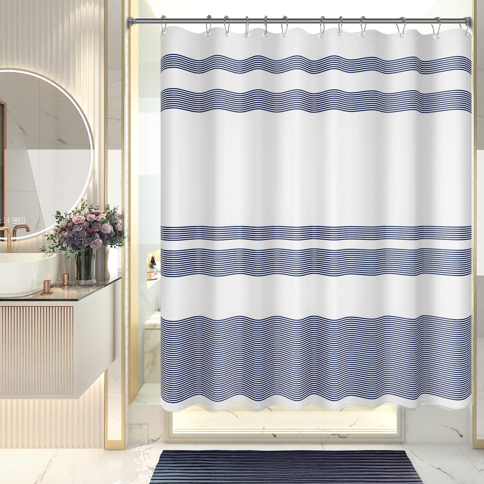 Amazerbath Shower Curtain Sets, Striped Blue Cloth Shower Curtain With 12 Shower Curtain Hooks, Rustic Fabric Blue And White Sho