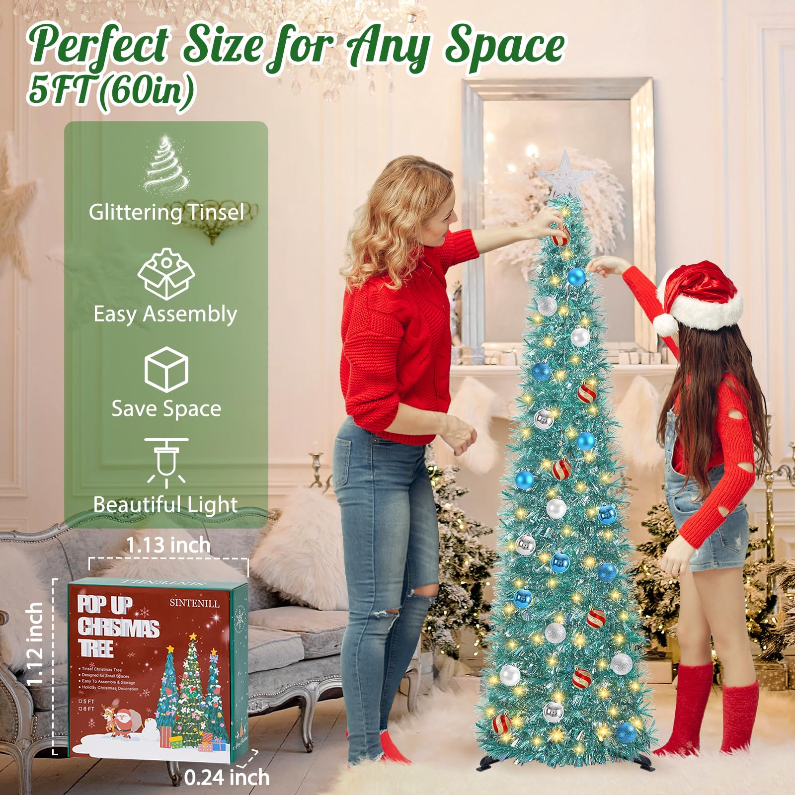 SINTENILL 5 FT Pop Up Christmas Tree with Timer Lights and Decorations, Blue Tinsel Artificial Christmas Tree with 24 Balls Orna