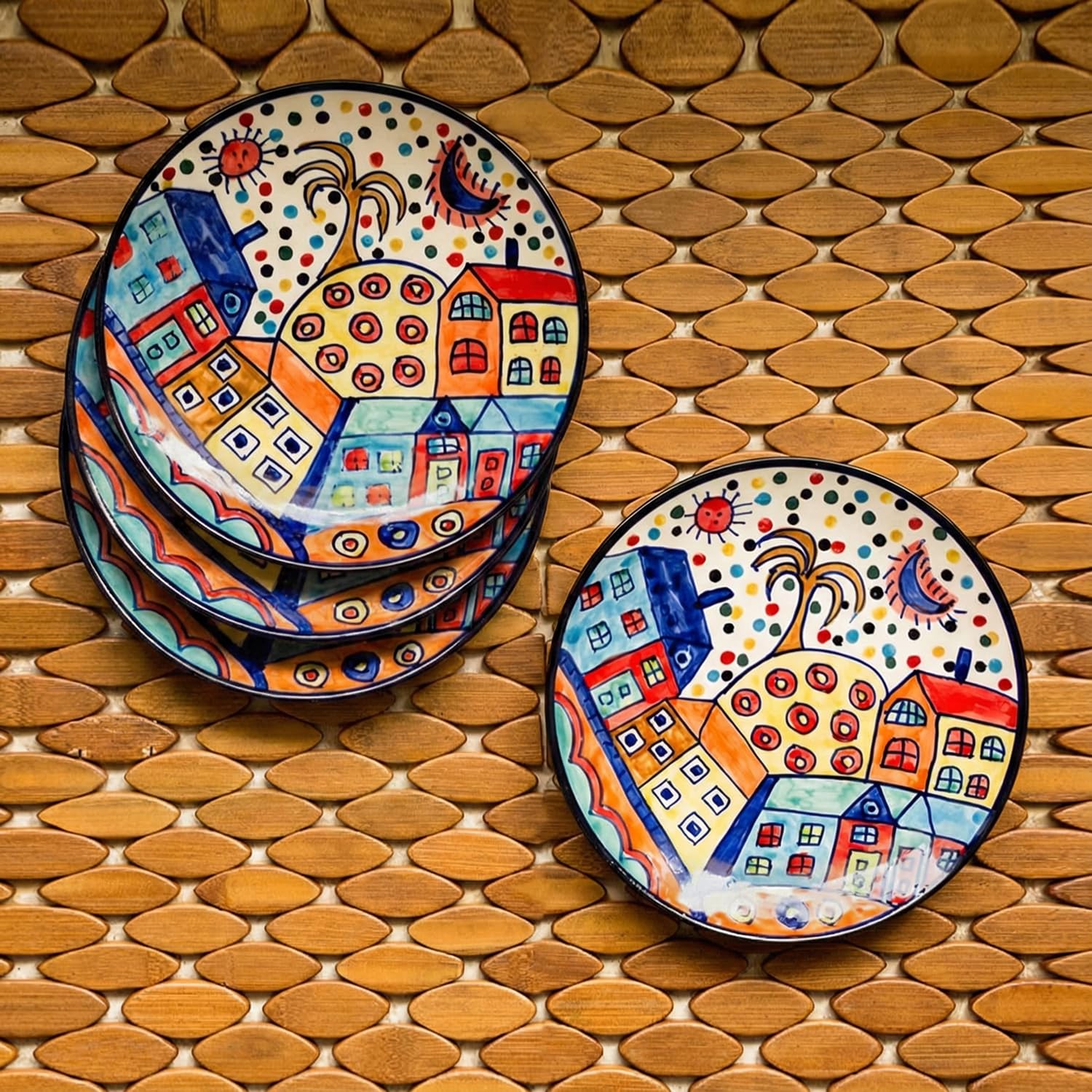 Exclusivelane 'The Hut' Hand-Painted Ceramic Quarter Plates Set Of 4 Ceramic (Set Of 4, 7 Inch, Microwave Safe) | Ceramic Plates