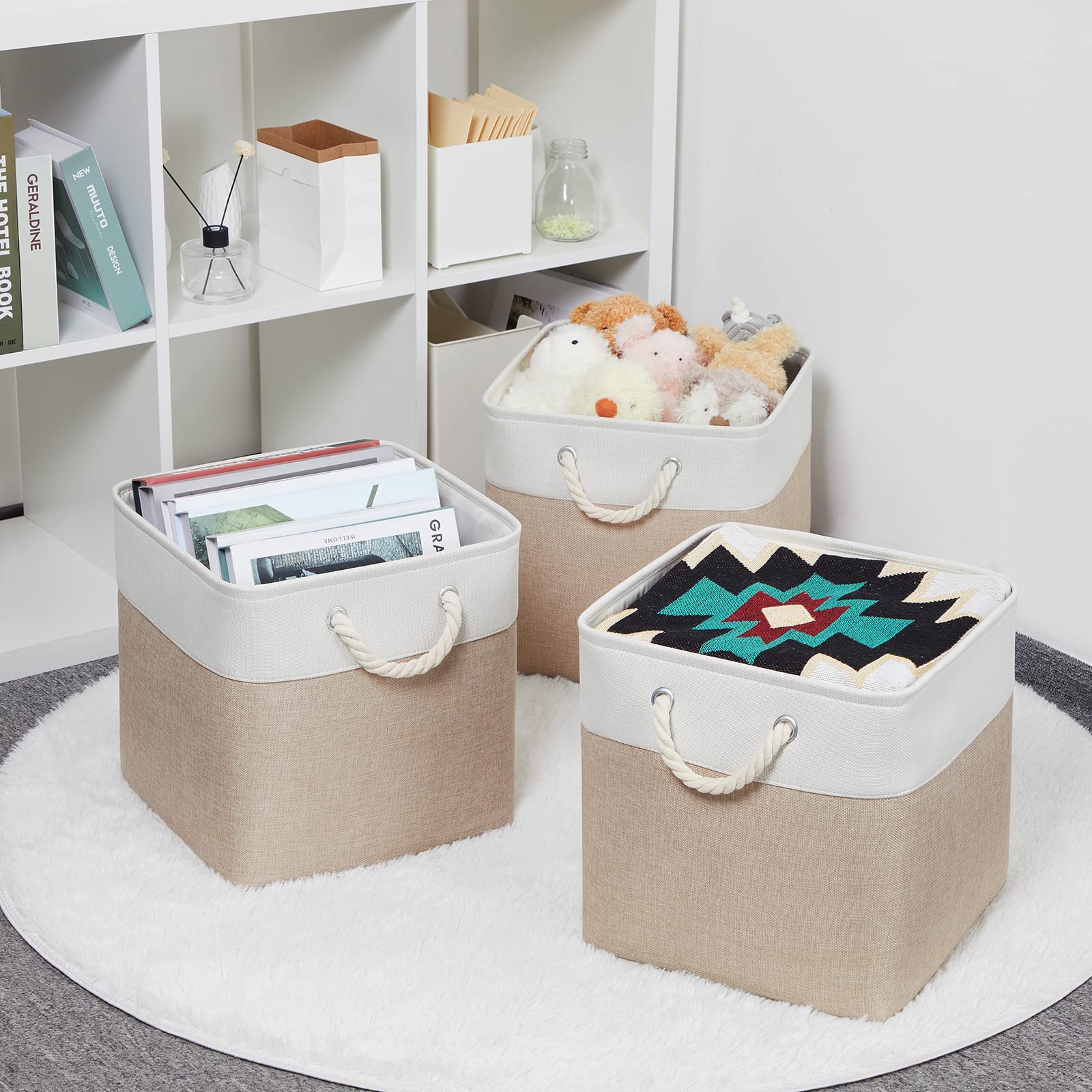 Bidtakay Fabric Storage Baskets For Organizing Beige 13 Inch Collapsible Square Baskets 3 Pack Organization Bins Large Cube Stor
