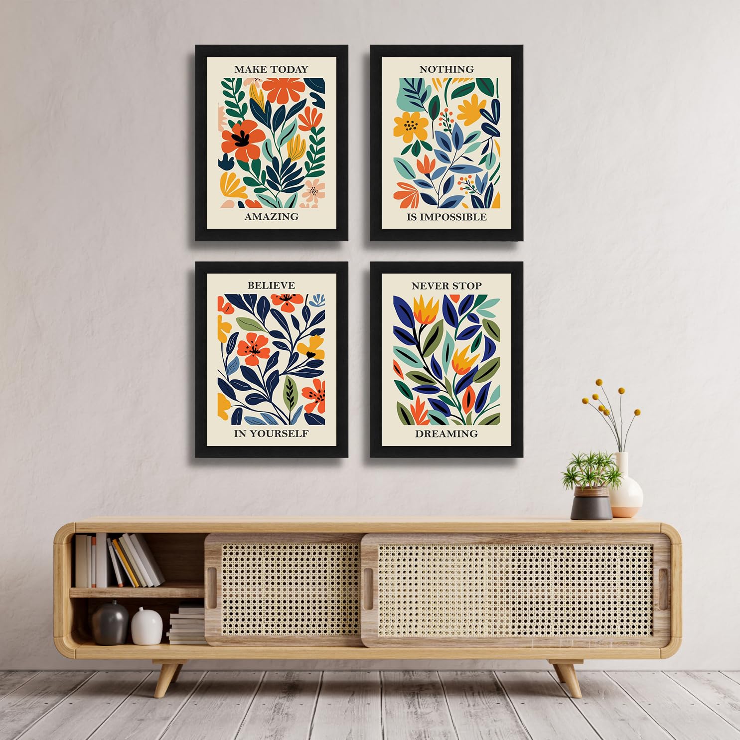 Interio Crafts Set Of 4 Inspirational Quotes Wall Framed Posters - Motivational Frames For Kitchen, Living Room, Bedroom Or Stud