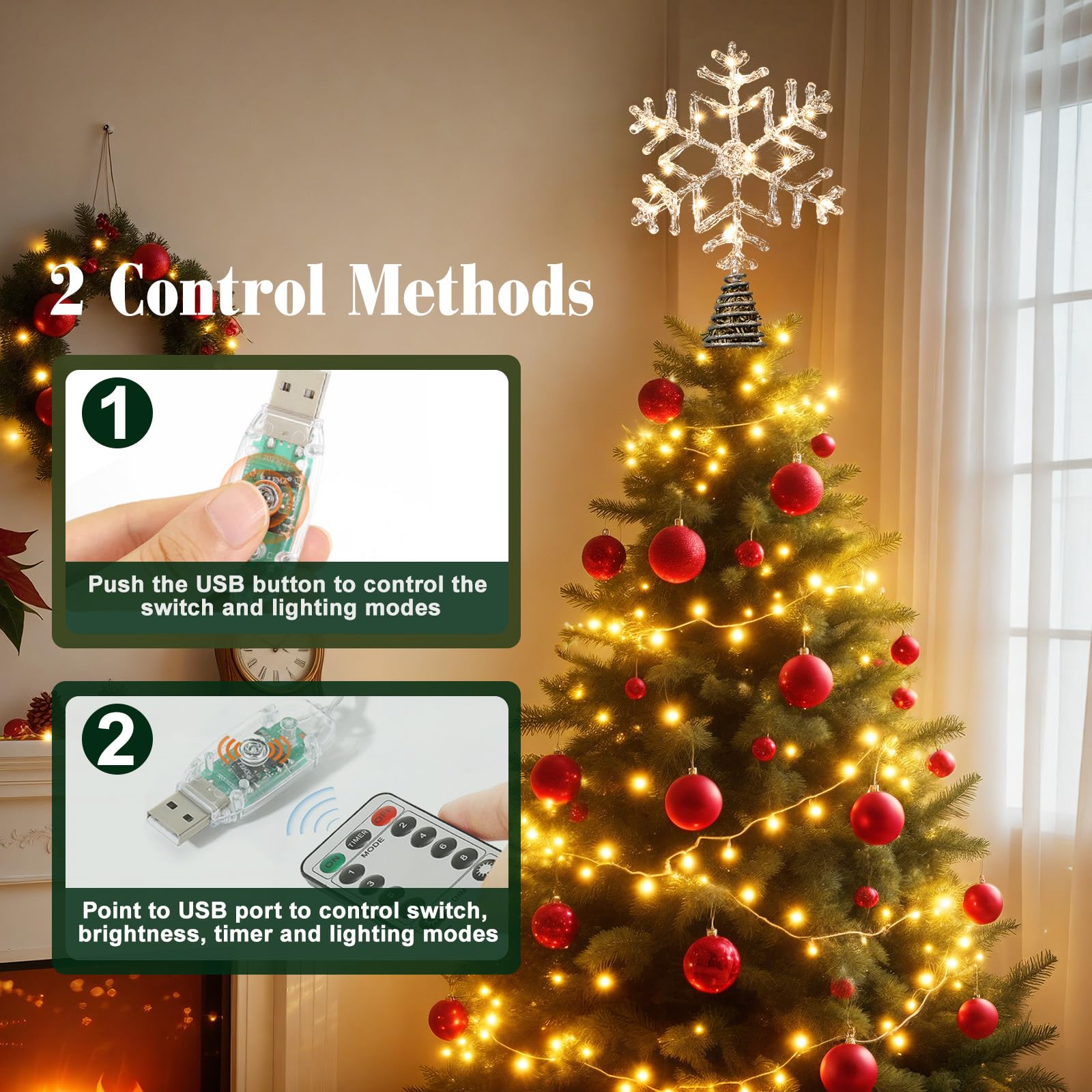 Lewondr Christmas Snowflake Tree Topper, 12.2 Glittered Epoxy Xmas Tree Topper with 20 LED Bulbs, 6 Hrs Timer and 8 Modes USB
