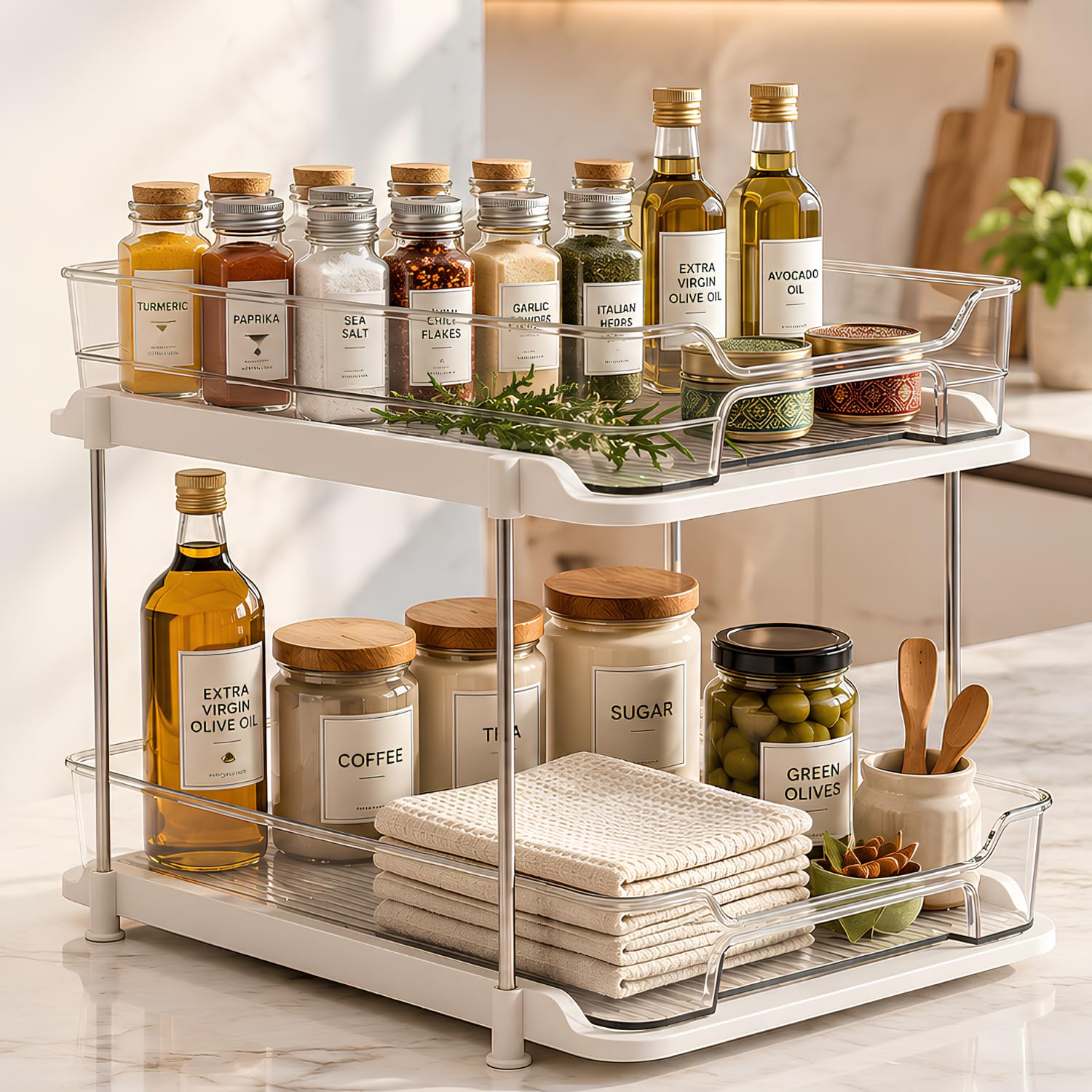 Satpurush 2 Tier Kitchen Organizer Rack For Countertop, Space Saving Multipurpose Organiser With Transparent Trays For Spice Jar