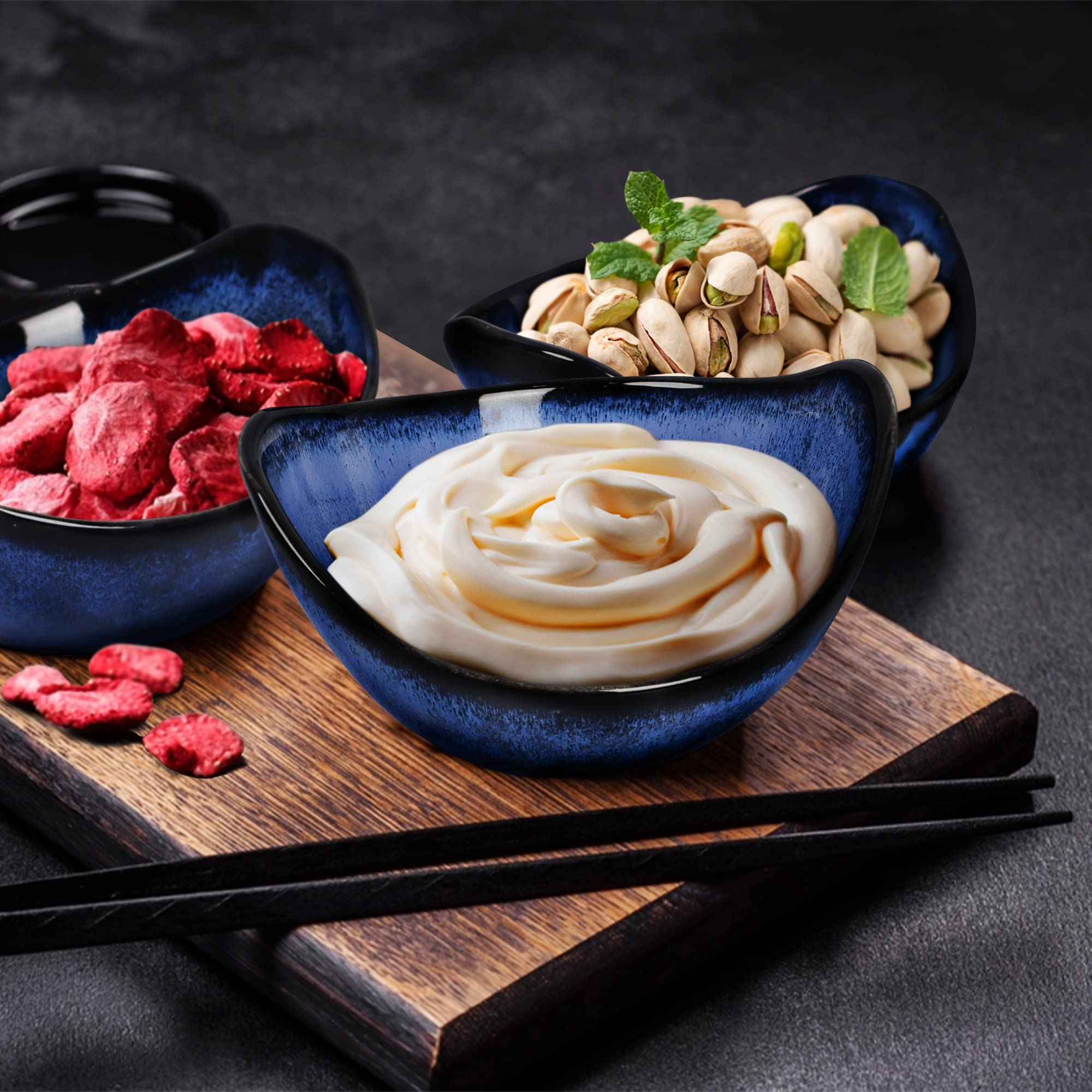 SKOBELOFF Blue Ceramic Serving Bowls For Cookies, Dry Fruits, Sweets And Other Snacks Platter Set Of 3, 1000 milliliter