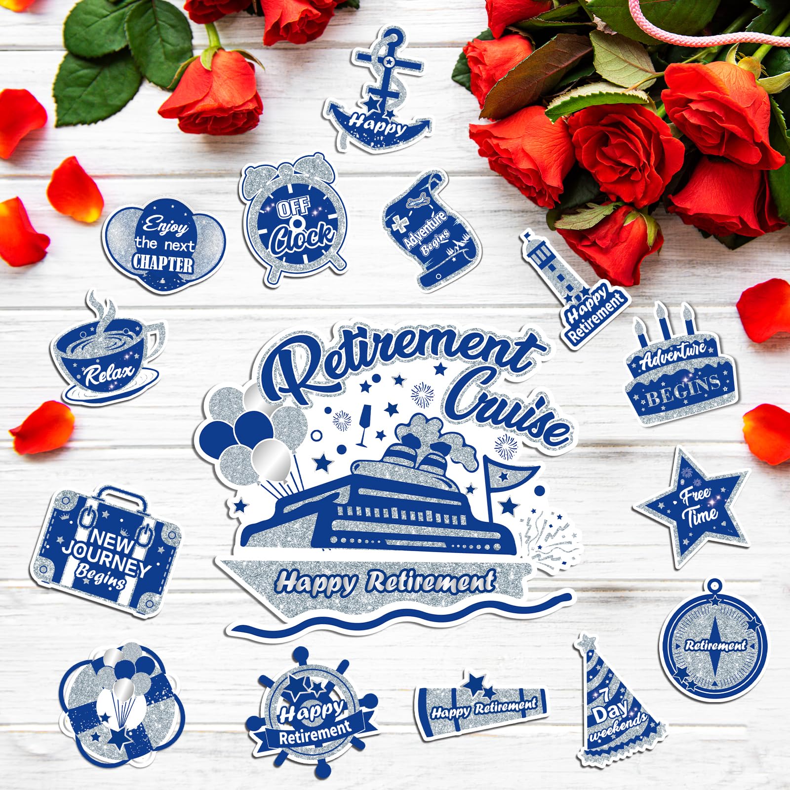 Happy Retirement Cruise Door Magnet Decorations,Blue Silver Happy Retirement Cruise Ship Door Decor Magnetic For Women Men Retir