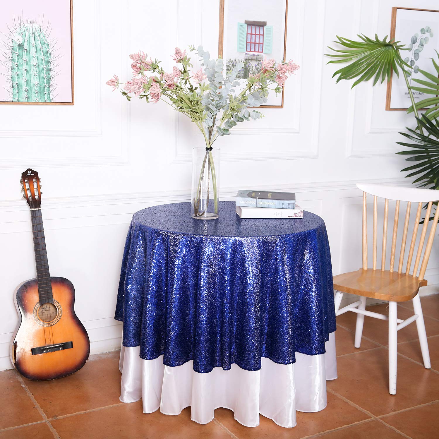 Eternal Beauty Navy Blue 48'' Round Sequin Tablecloth- Sparkly Sequin Overlay For Wedding Party/Dessert Table/Christmas Decorati