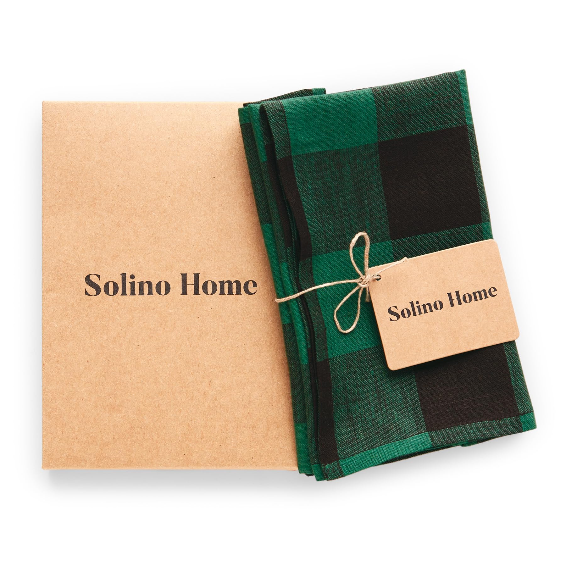 Solino Home Linen Kitchen Towels Set Of 2 - Green And Black 17 X 26 Inch - 100% Pure Linen Buffalo Check Kitchen/Tea Towels - Ma