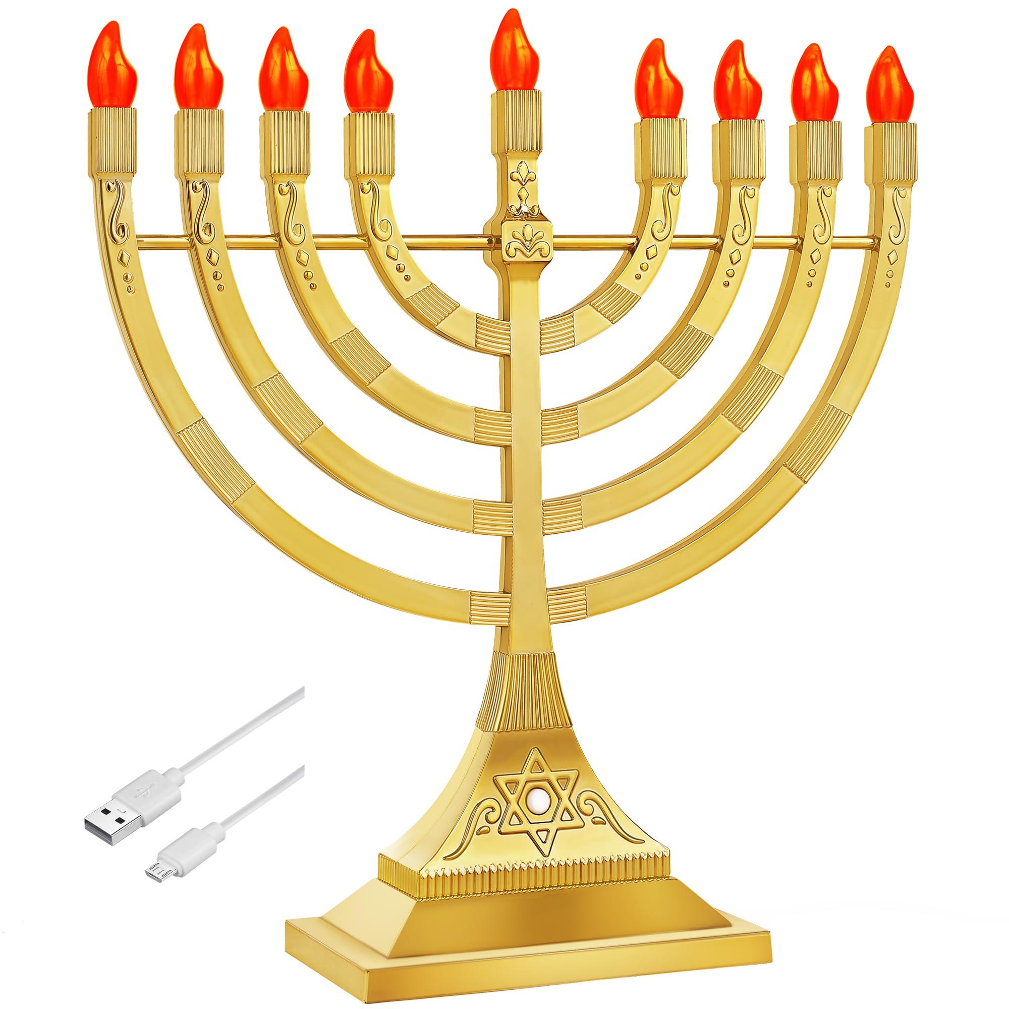Zion Judaica Glossy Gold Electric Hanukkah Menorah LED Bulbs - Batteries or USB Powered - 4 Cable Included Battery Hanukkiah Ch