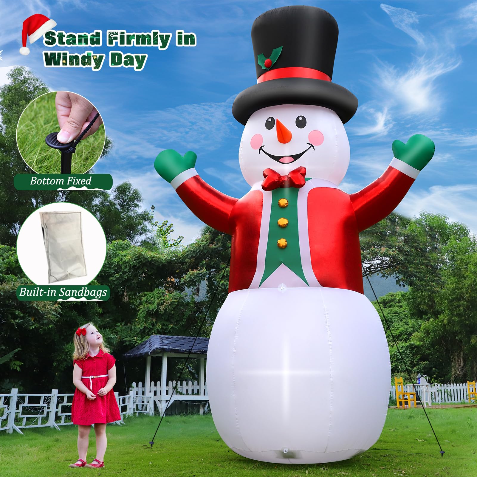 FunFanso 12 FT Inflatable Snowman with LED Lights, Magic Hat & Red Suit - Holiday Outdoor Decoration for Lawn & Garden