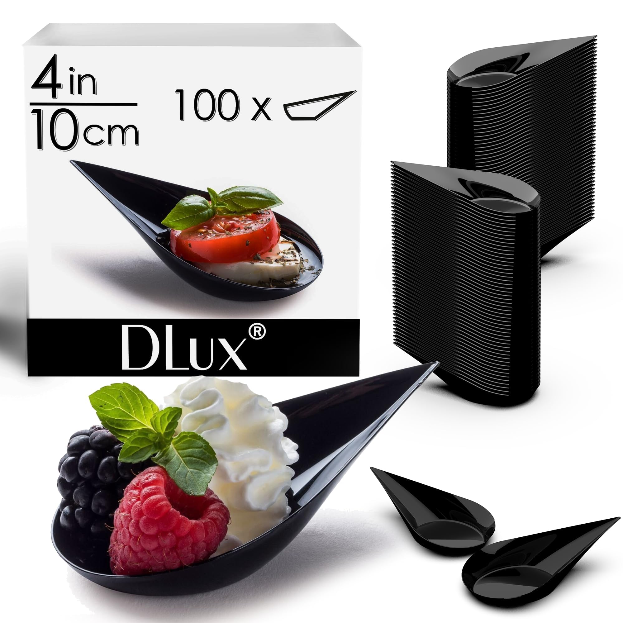 Dlux 100 4-In Tear Drop Mini Appetizer Plates, Reusable Black Plastic Spoons - Desserts And Appetizers Dishes Serving Plate - As