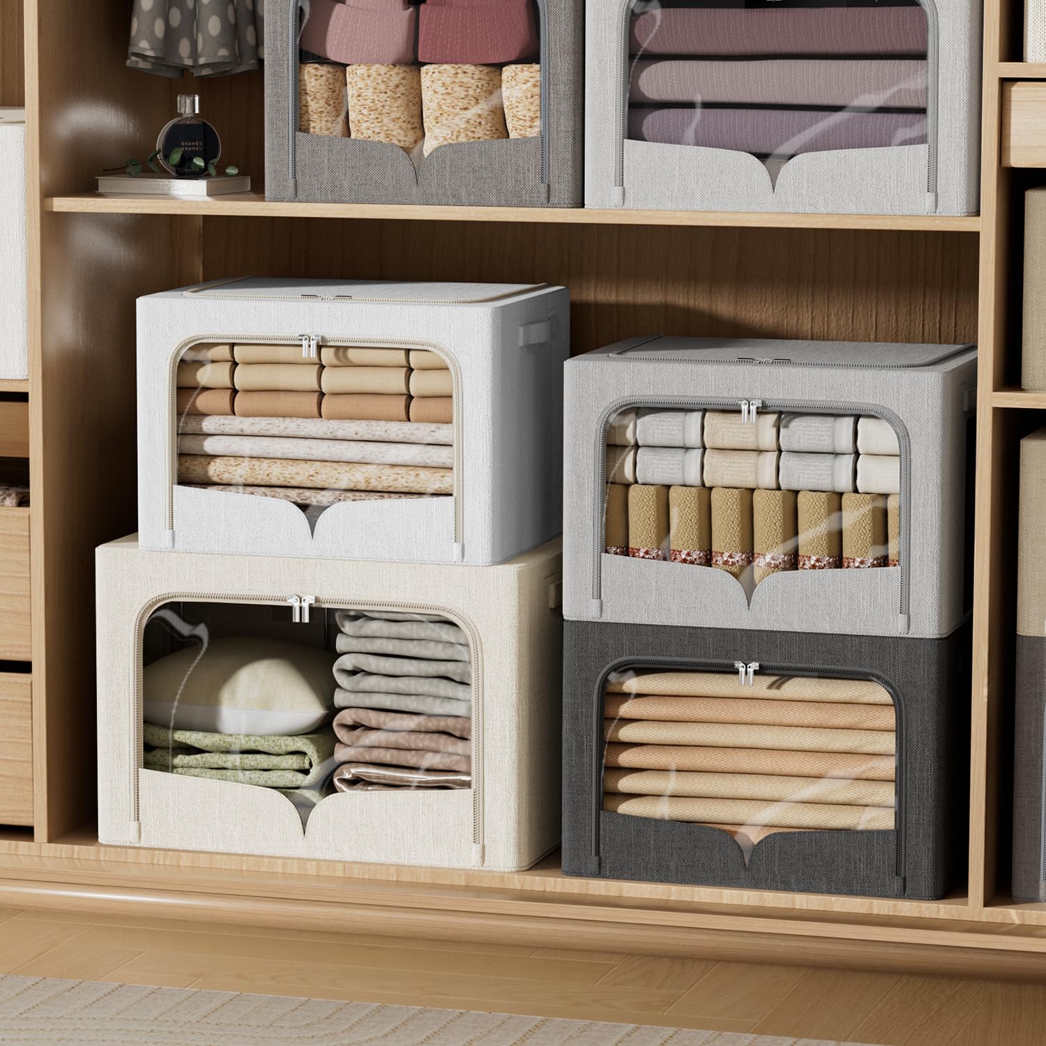 3 Pack Clothes Storage Bins - Foldable Metal Frame Storage Box - Extra Large Stackable Linen Fabric Organizer Set with Carrying