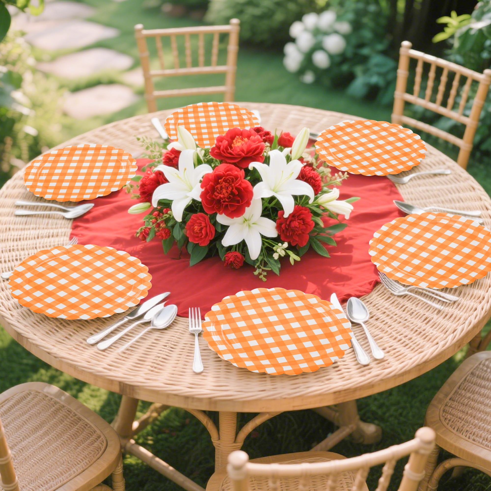 Houuqe 48Pcs 7 Inches Orange gingham Paper Plates Fall Plaid Paper PlatesHarvest Thanksgiving Party Disposable Orange and White