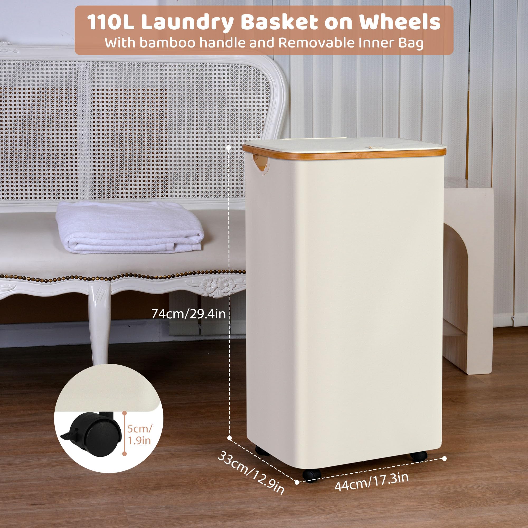 Iegrow Laundry Basket With Wheels, 110L Clothes Hamper For Laundry, Laundry Hamper With Lid And Inner Bag, For Laundry Room, Bed
