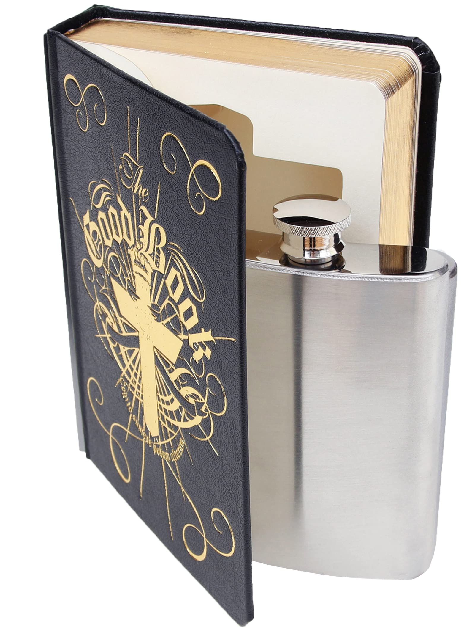 Suck Uk Hidden Unique Gifts  Silver Good Book, 4 Oz Stainless Steel Flask, Hide Alcohol, Black