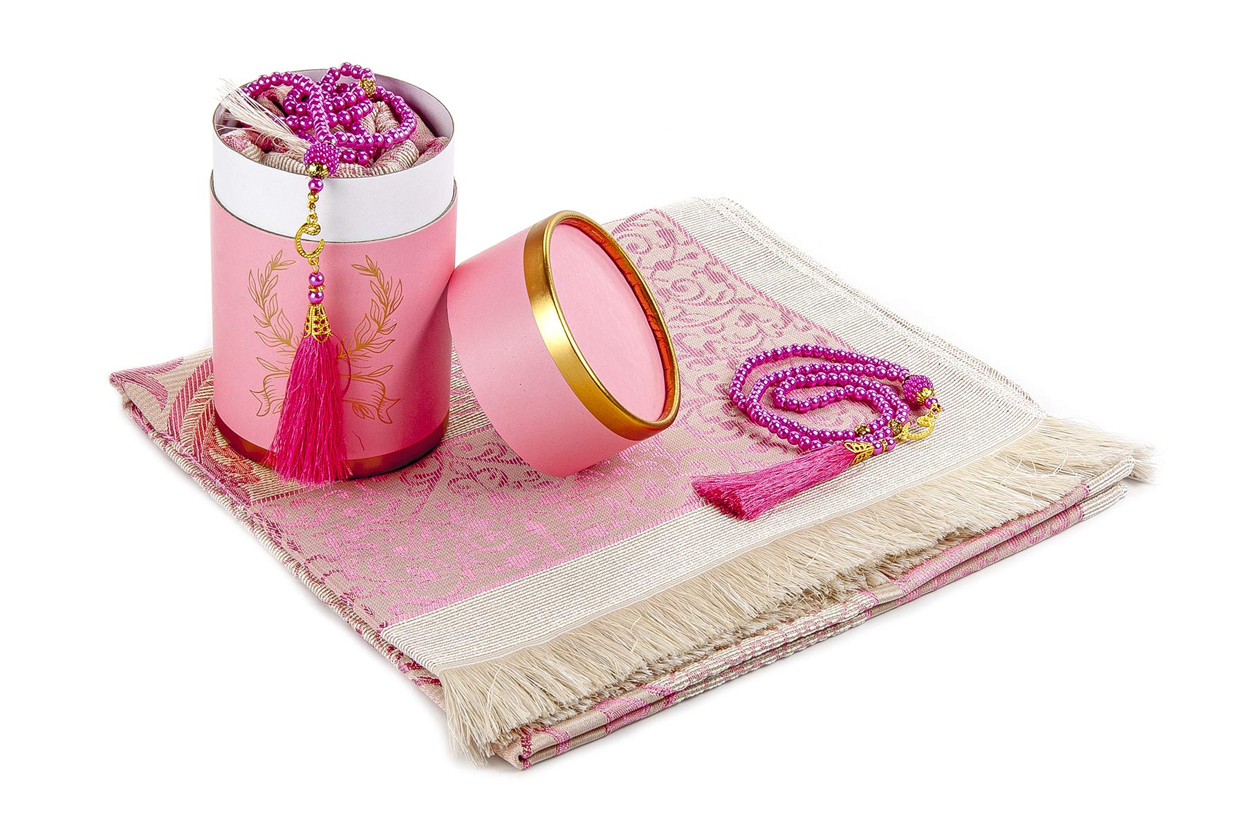 ihvan online Muslim Prayer Rug and Prayer Beads with Elegant Design Cylinder Gift Box, Janamaz, Soft Sajadah, Islamic Gifts Set,