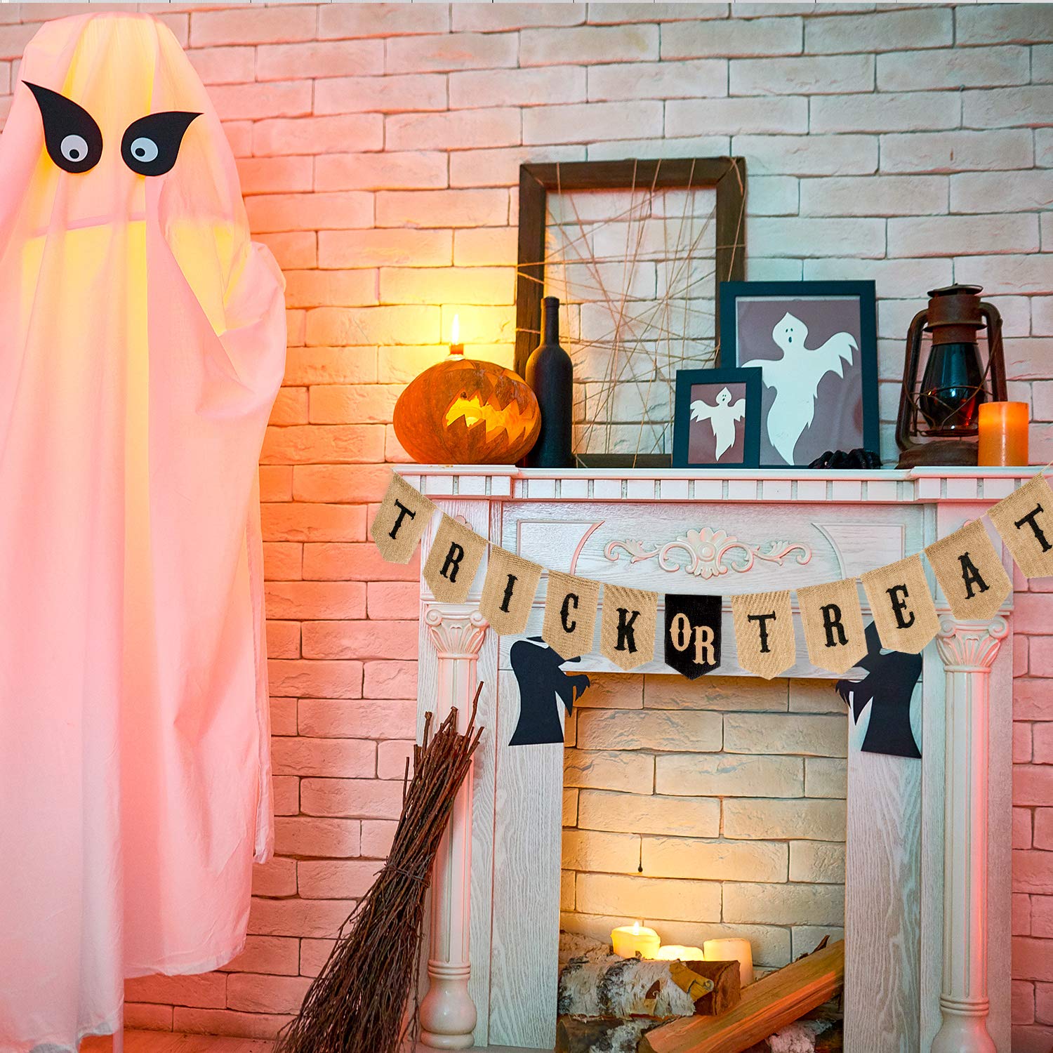 Whaline Halloween Trick Or Treat Burlap Banner, Hanging Halloween Banner Home Decor Bunting Flag Fireplace Garland Halloween Par