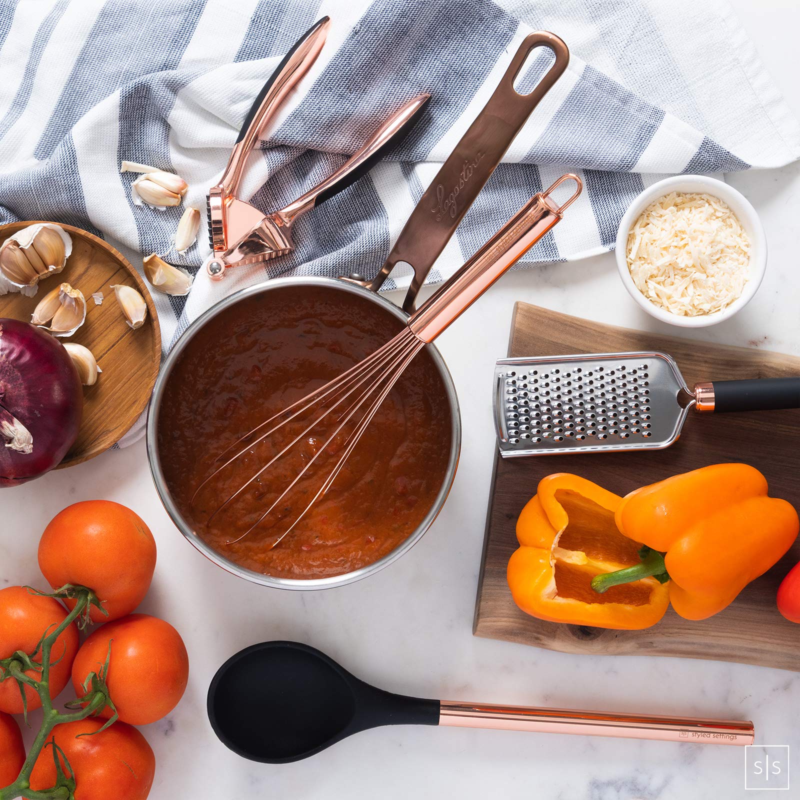 Black And Copper Kitchen Utensils With Holder - 17-Piece Set With Measuring Cups And Spoons, Rose Gold Cooking Tools - Stylish B