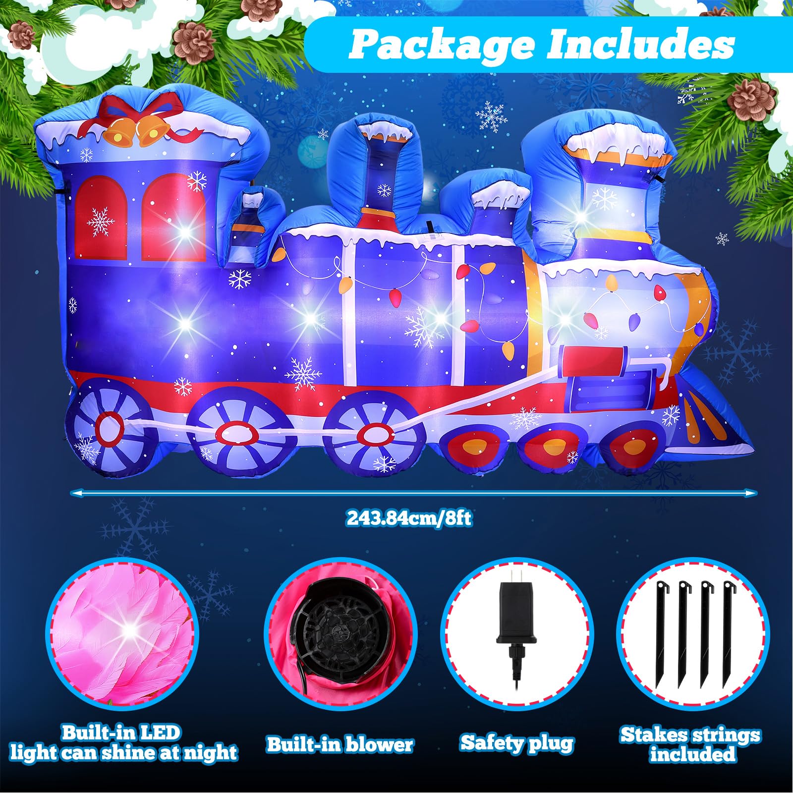 VIHOSE 8 ft Length Christmas Polar Train Inflatable Outdoor Decoration Christmas Blow Up Polar Train Winter Birthday Photo Props