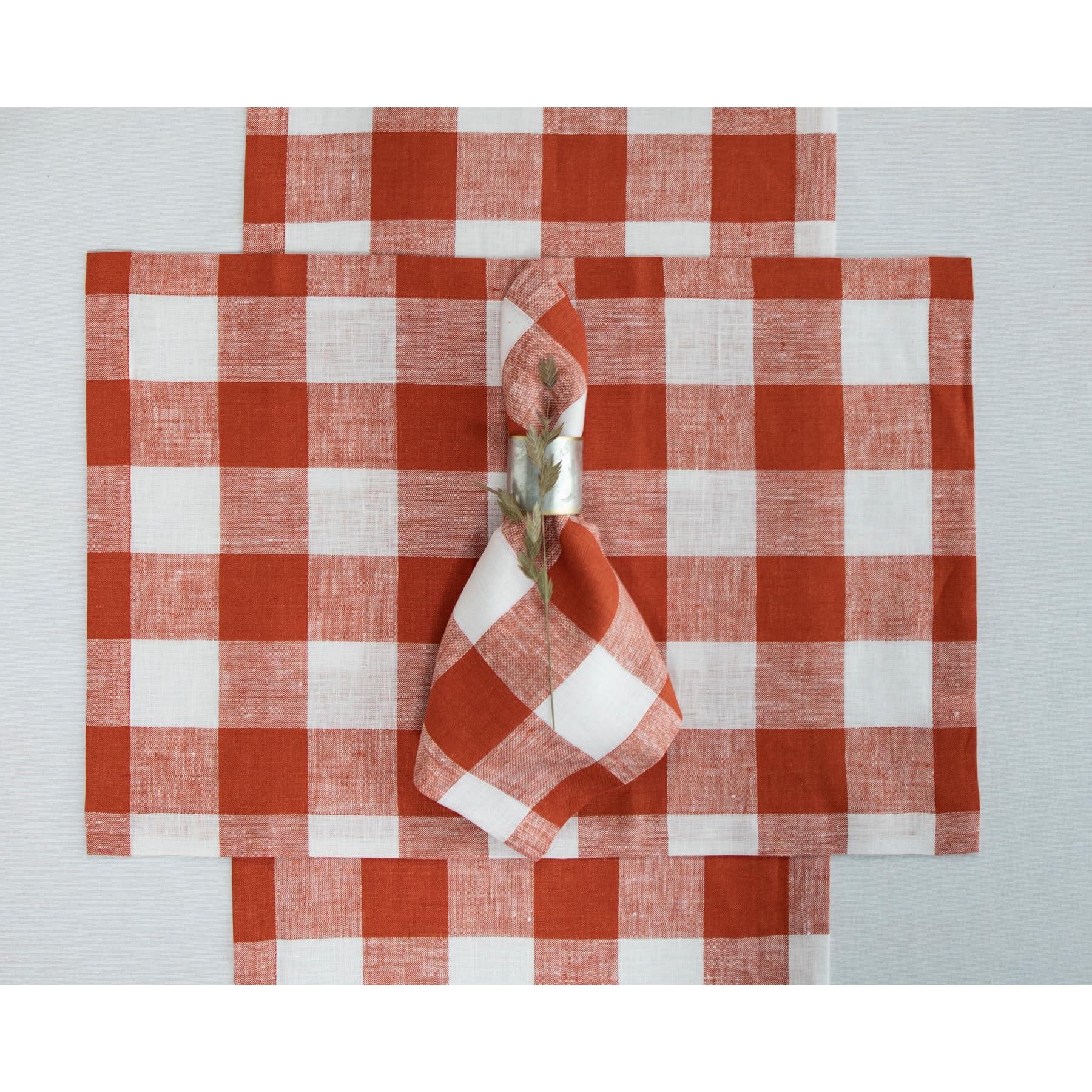 Solino Home Buffalo Check Linen Placemats 19'' L X 14'' W Inch - 100% Pure Linen Cinnamon And White Plaid Cloth Placemats Set Of