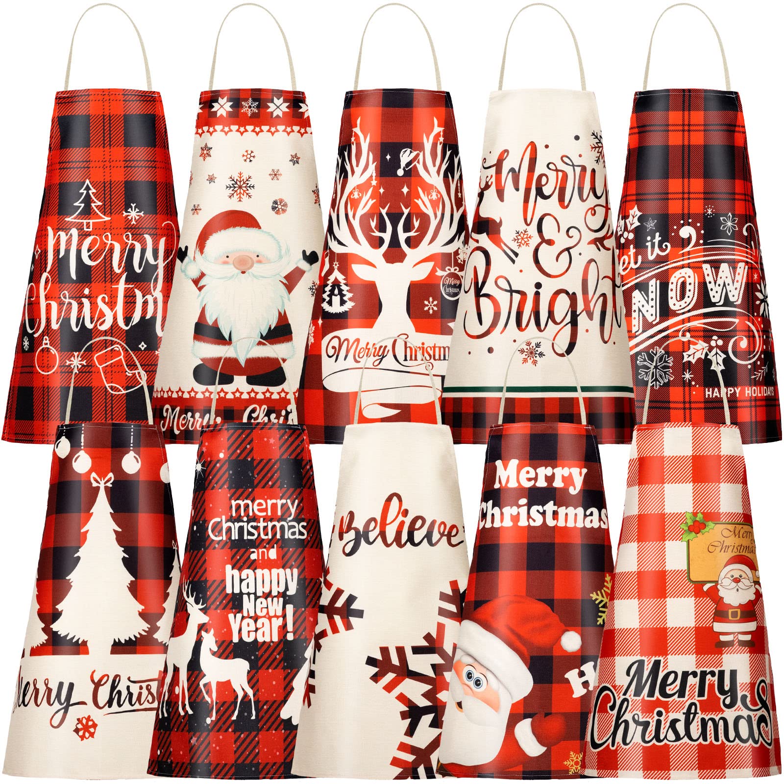 Foaincore 10 Pcs Christmas Kitchen Aprons Christmas Buffalo Plaid Aprons Cooking Apron Xmas Santa Apron Xmas Kitchen Decorations