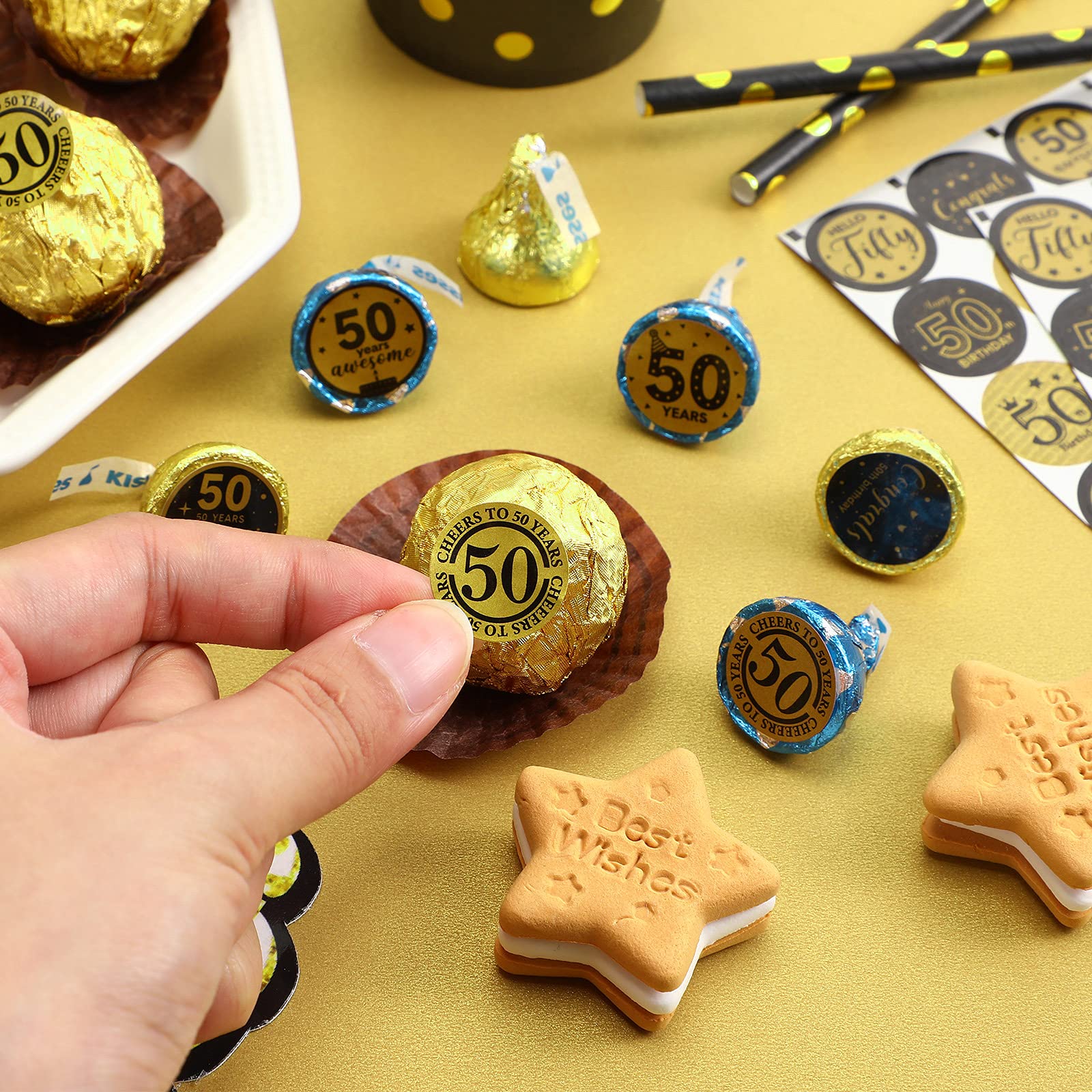 Tenare 504 Pieces Black and Gold 50th Birthday Party Favor Stickers Cheers to 50th Label Stickers Round Mini Chocolate Candy Wrappers for 50th Happy Birthday Party Decor