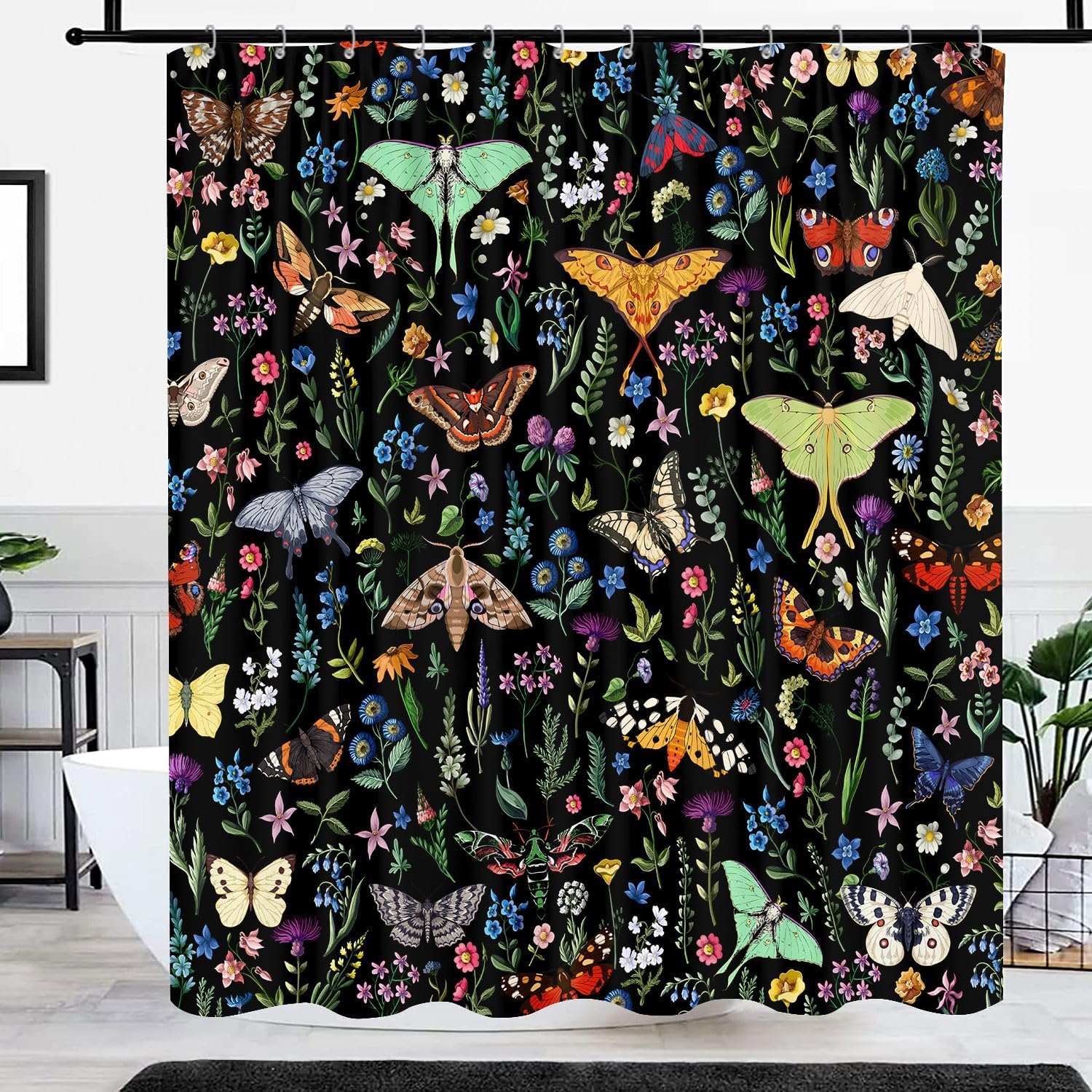 Boho Butterfly Floral Shower Curtain, Bright Abstract Bohemian Plant Flower Botanical Moth Shower Curtain, Black Modern Aestheti