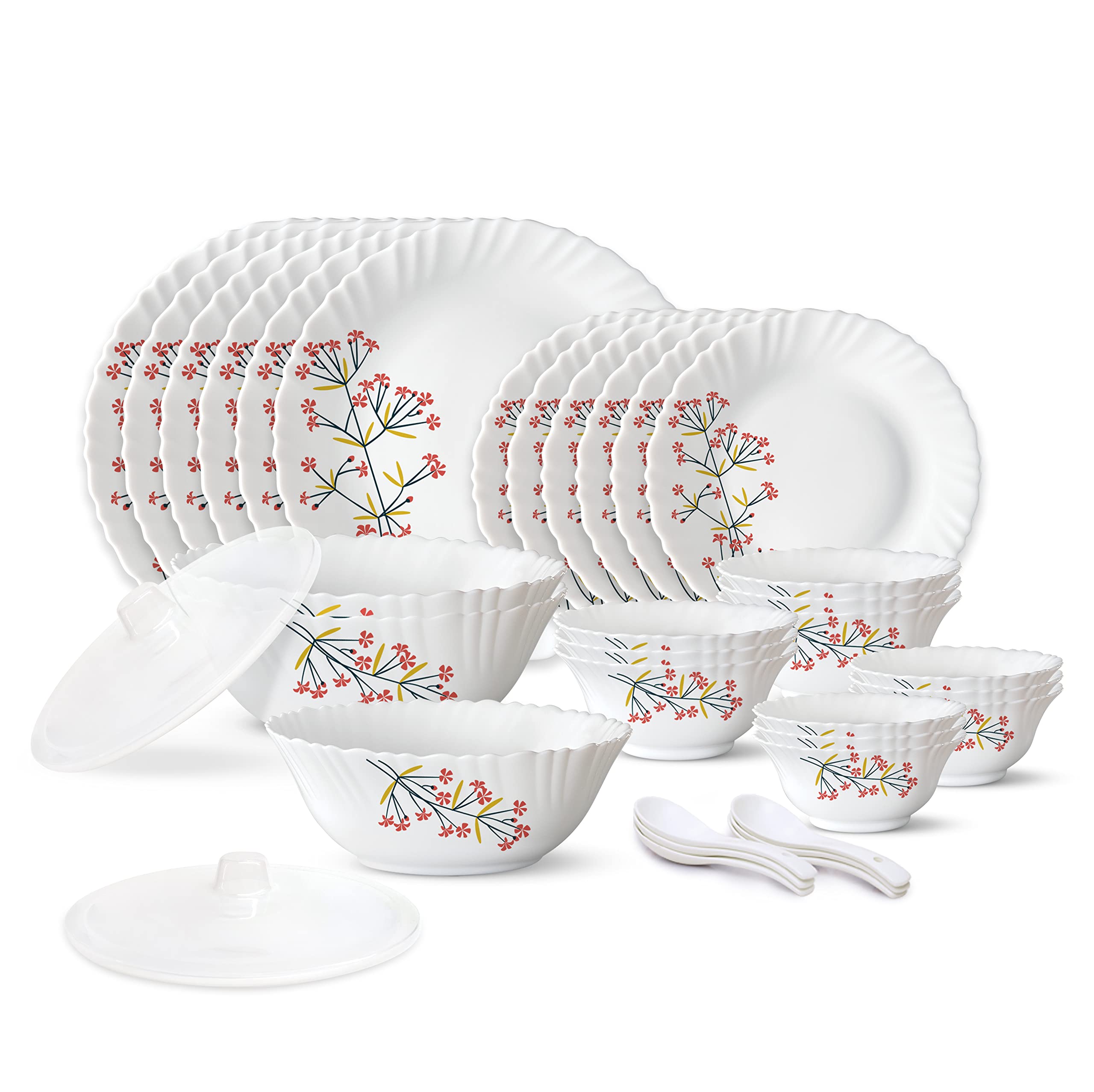 Larah by Borosil Red Bud Silk Series Opalware Dinner Set | 35 Pieces for Family of 6 | Microwave & Dishwasher Safe | BoneAsh Fr