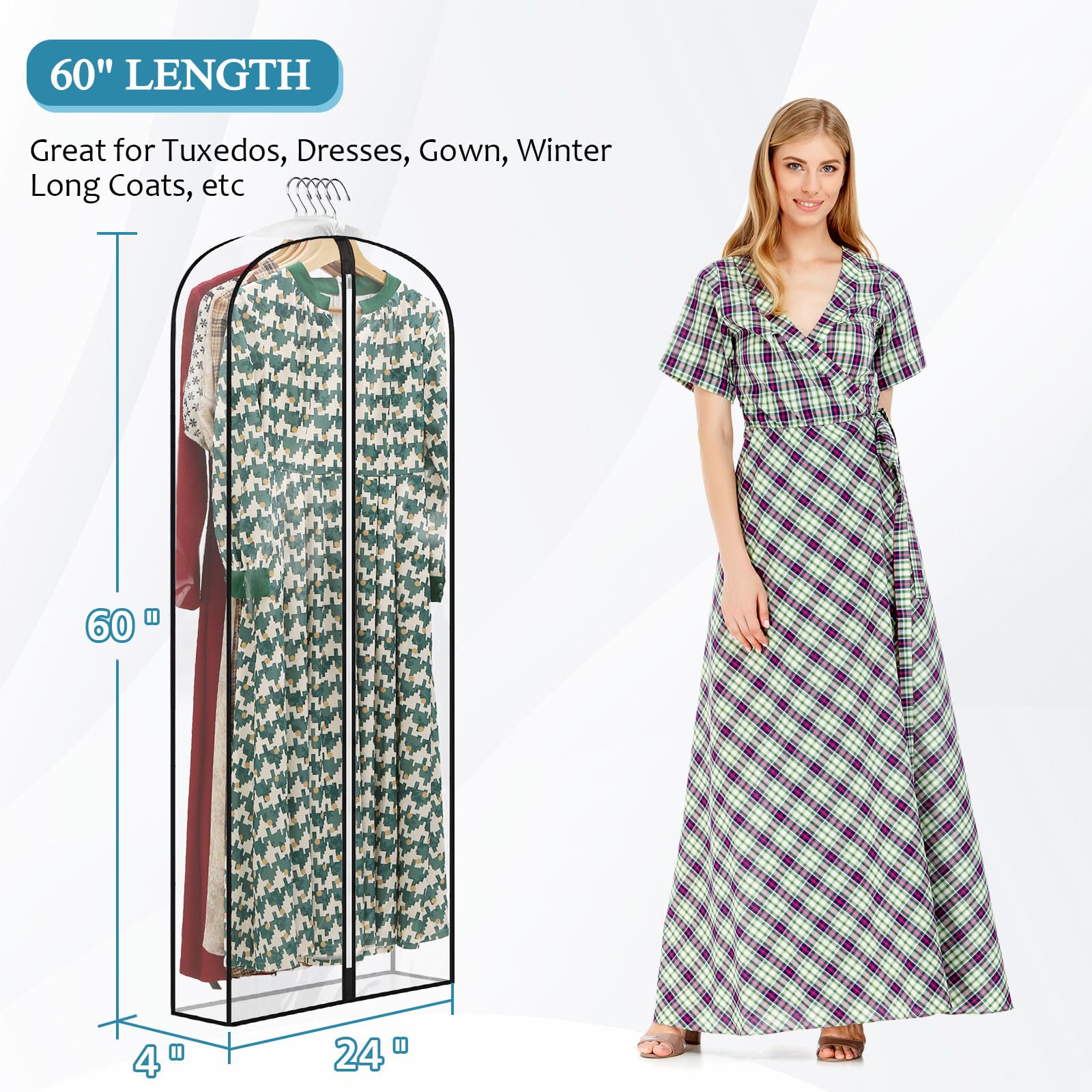 Perber 60'' All Clear Dress Bags For Gowns Long, 4'' Gusseted Garment Bags For Hanging Clothes, Womens Dress Garment Bag With Zi