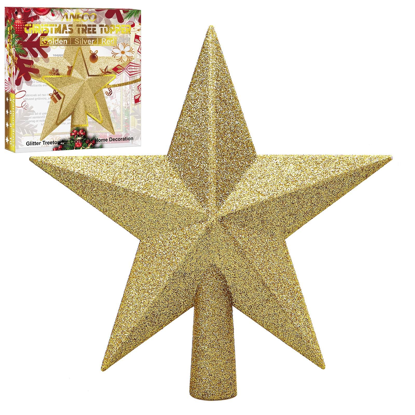 Aneco Gold Glitter Mini Christmas Tree Topper Shatter-Proof 10 Inch Large Christmas Tree Decoration Treetop for Holiday Ornament