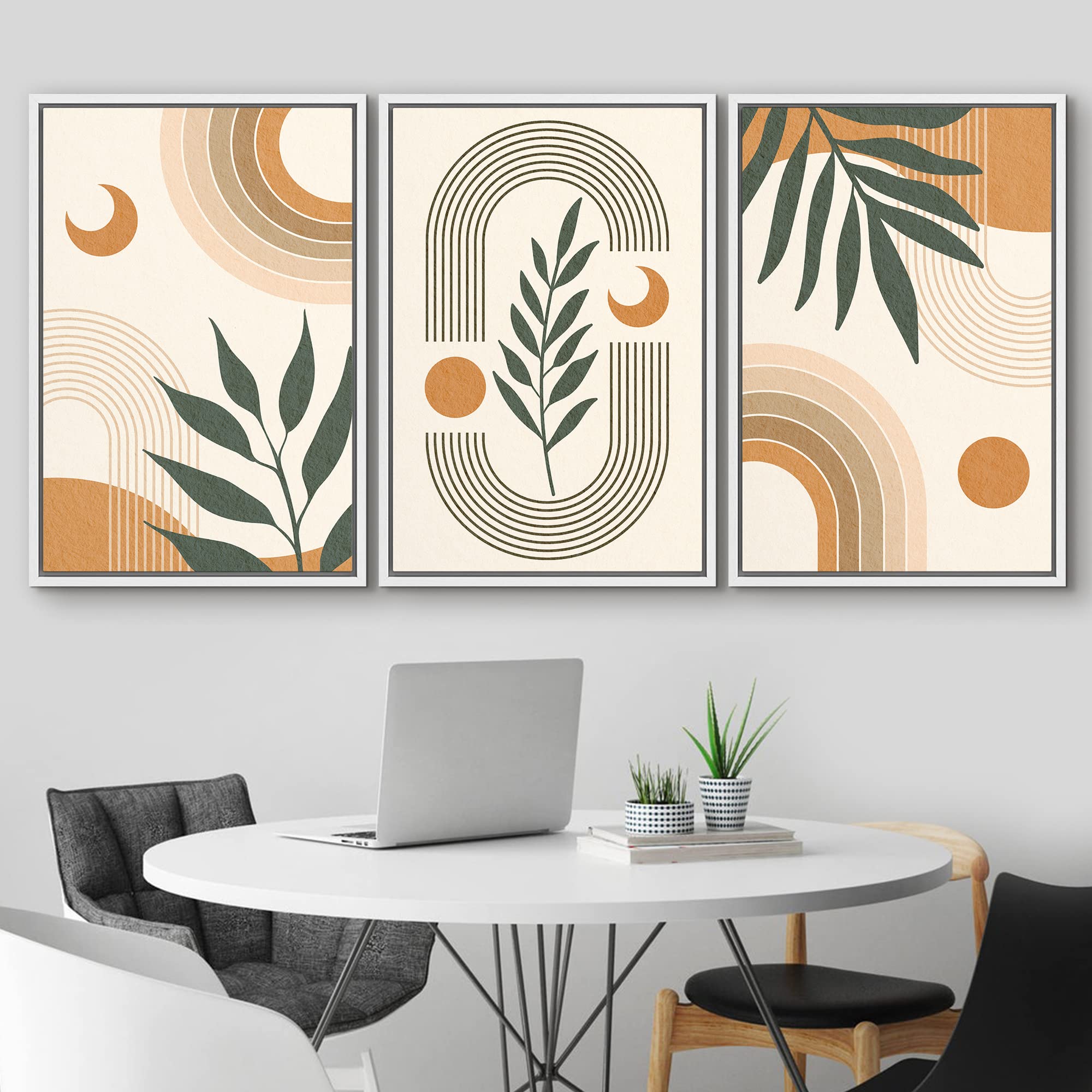 Idea4Wall Framed Wall Art Print Set Geometric Crescent Moon Tropical Plants Nature Abstract Illustrations Modern Decorative Rela