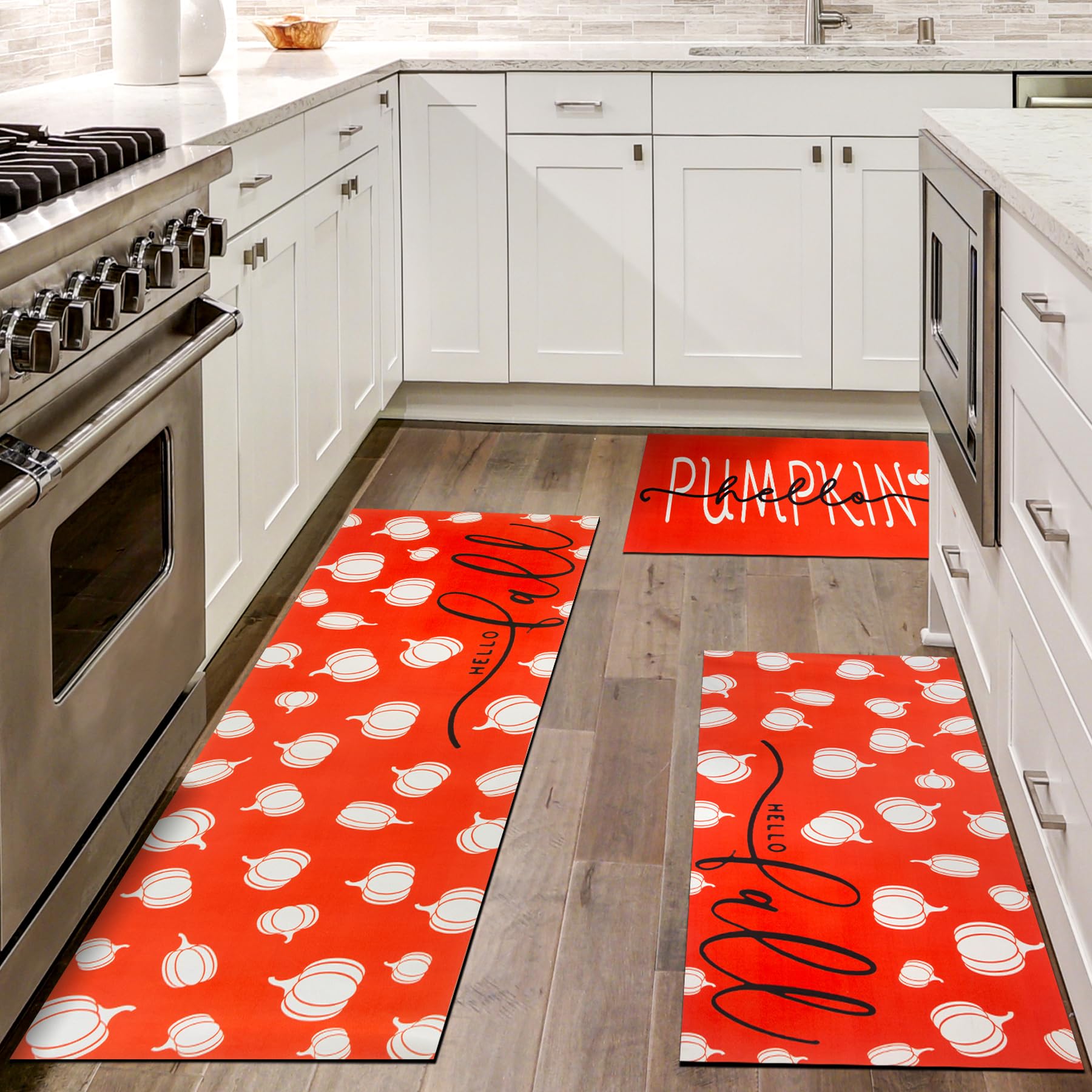 WOBUBU Fall Pumpkin Rubber Kitchen Rugs Set of 3,Non Slip Washable Mats Set for Home Floor Autumn Harvest Thanksgiving Day Decor