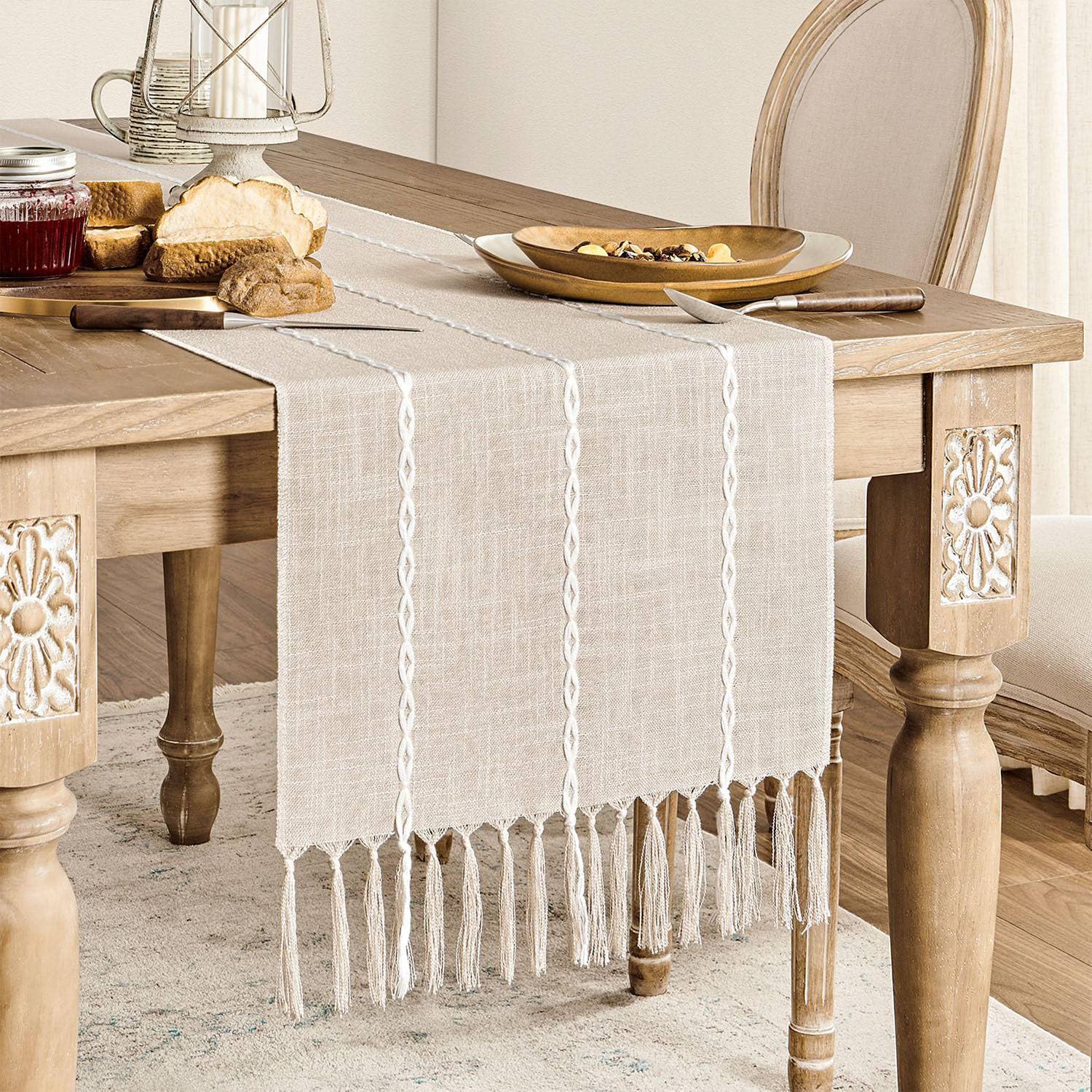 Zeemart Farmhouse Table Runner, Rustic Table Runners 36 Inches Long, Linen Boho Table Runner, Braided Striped Cream Table Runner