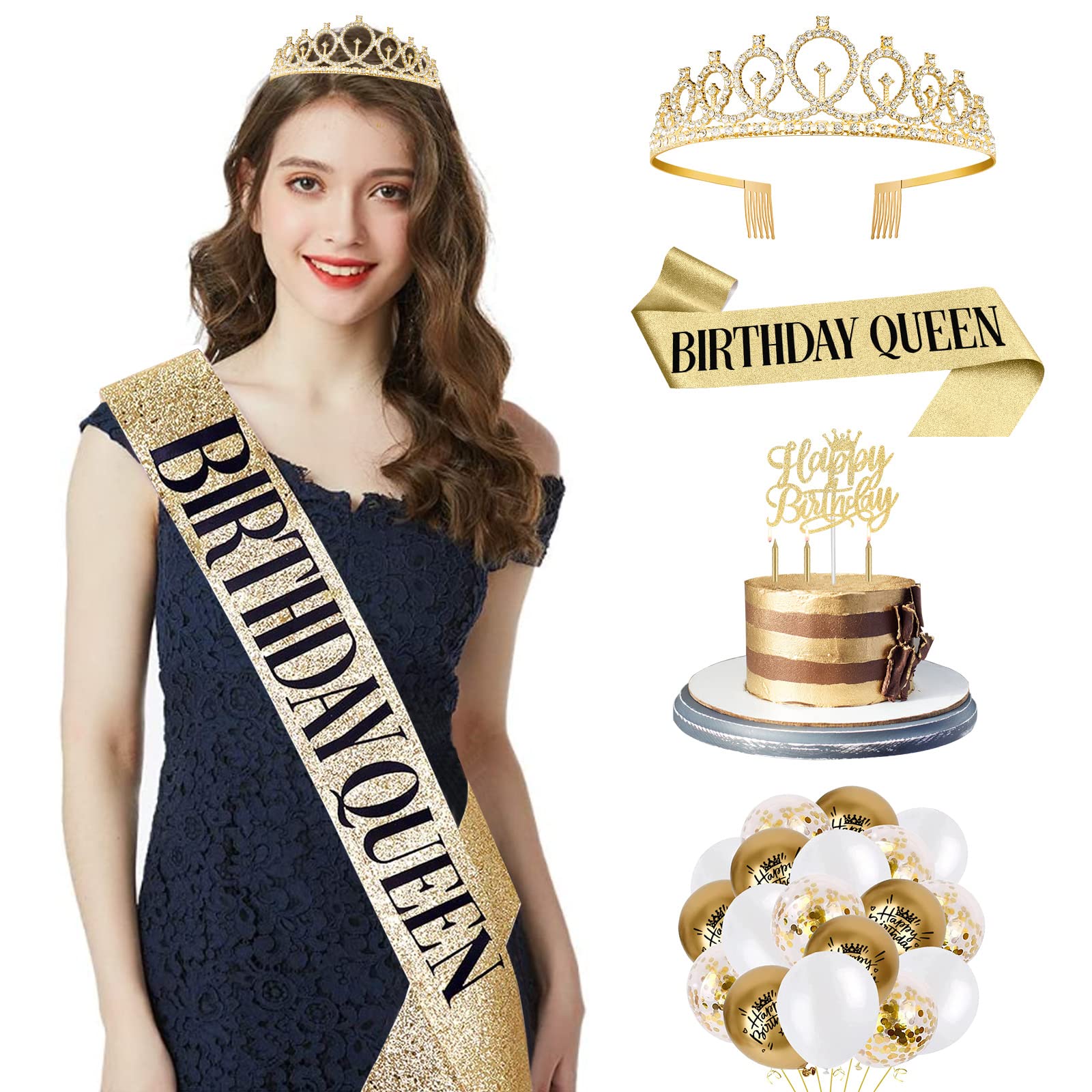 36PCS Birthday Decorations for Women Including Queen Sash  Crown  Birthday Cake Toppers  Birthday candles and Balloons. Birthday Sash and Tiara  Golden White Birthday Party Decorations Favors
