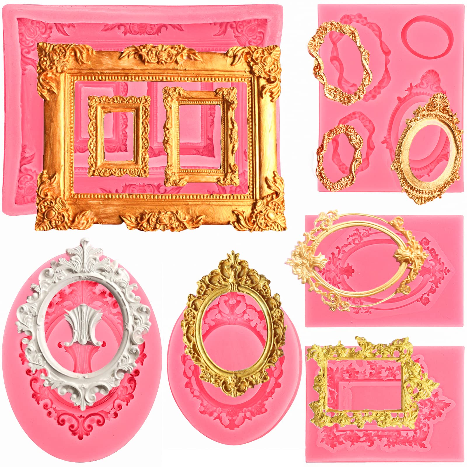 Elsjoy 6 Pieces Picture Frame Silicone Fondant Molds, Pink Cake Mold Vintage Photo Frame Fondant Mold For Cake Decorating, Sugar