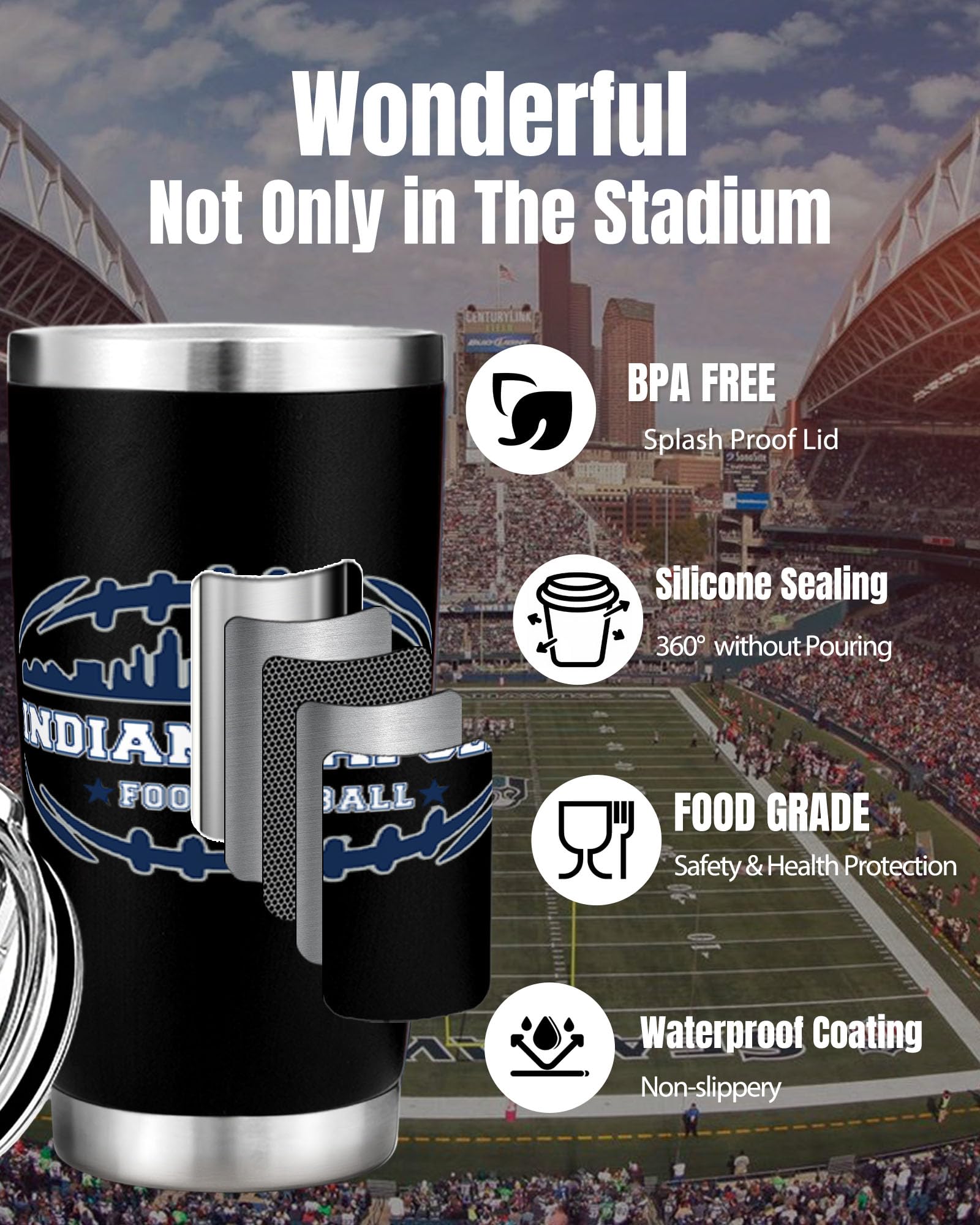 Football Fan 20Oz Insulated Travel Coffee Cup Mug Tumbler with Lid Indianapolis Themed Merch Shop Men Women Sport Stuff Apparel