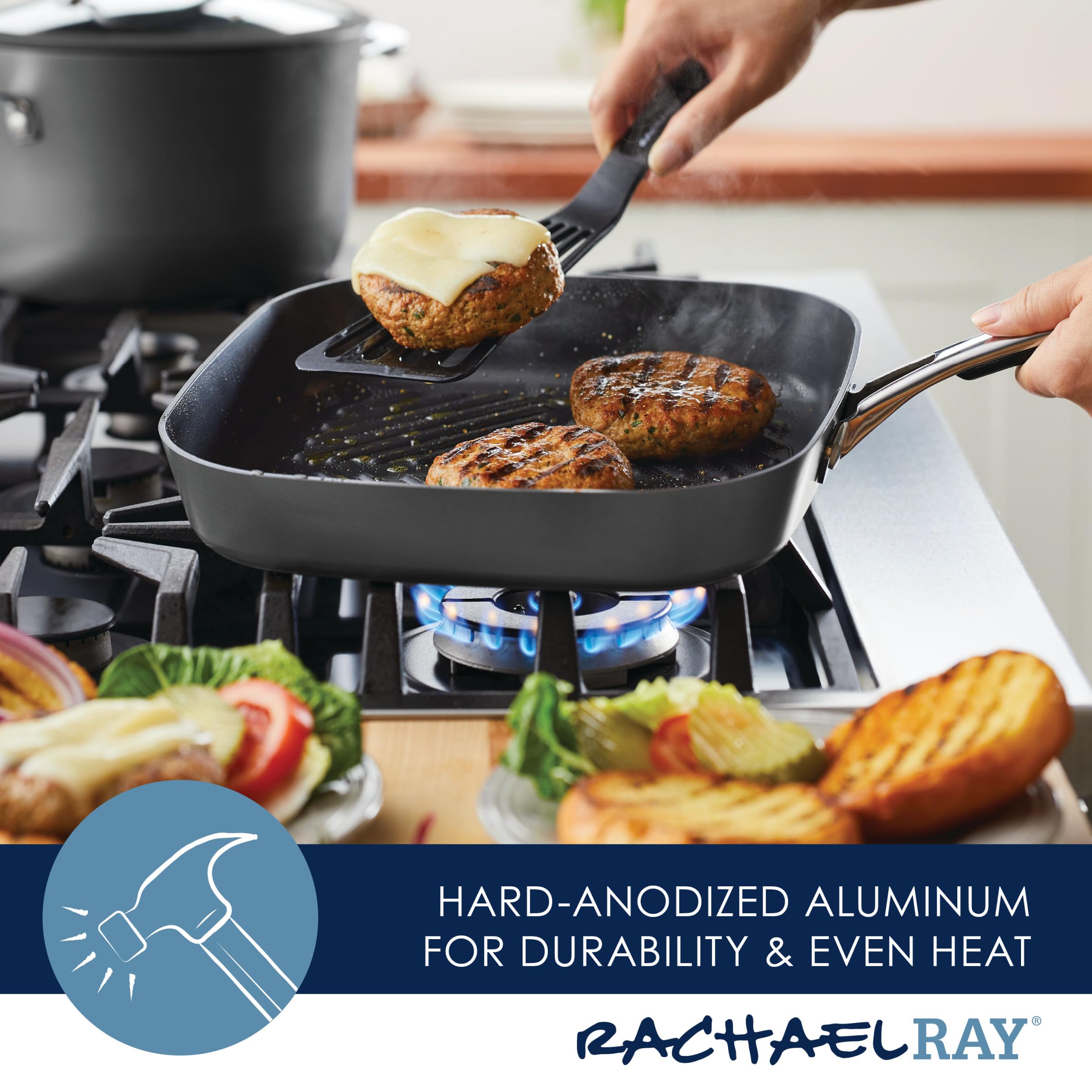 Rachael Ray Cook + Create Hard Anodized Nonstick Deep Grill Pan/Griddle, 11 Inch - Black