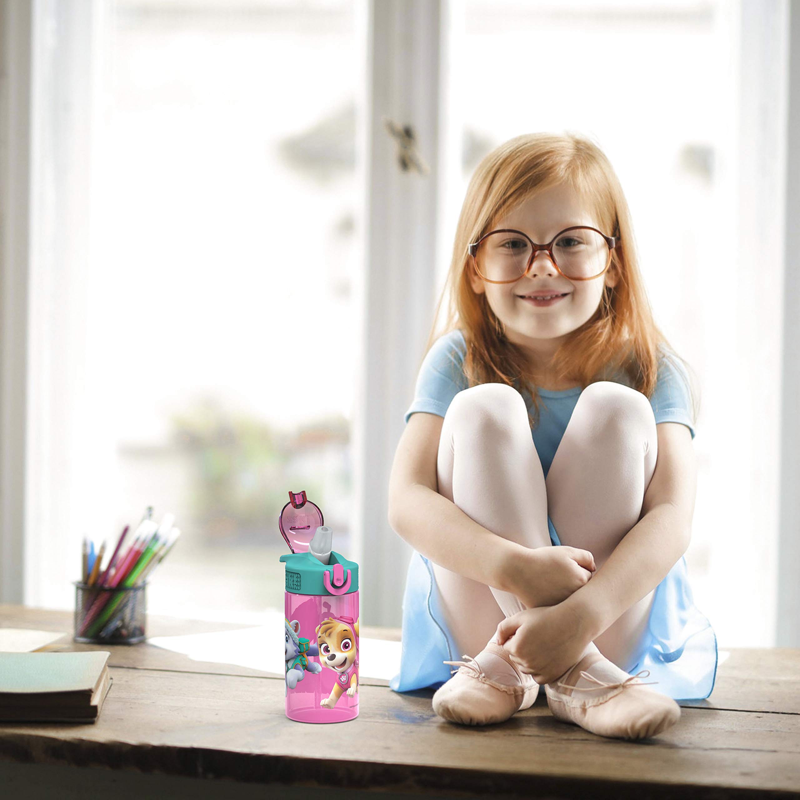 Zak Designs Kids Durable Plastic Spout Cover and Built-in Carrying Loop  Leak-Proof Water Design for Travel  (16oz  2pc Set)  Paw Patrol Skye Bottle 2pk