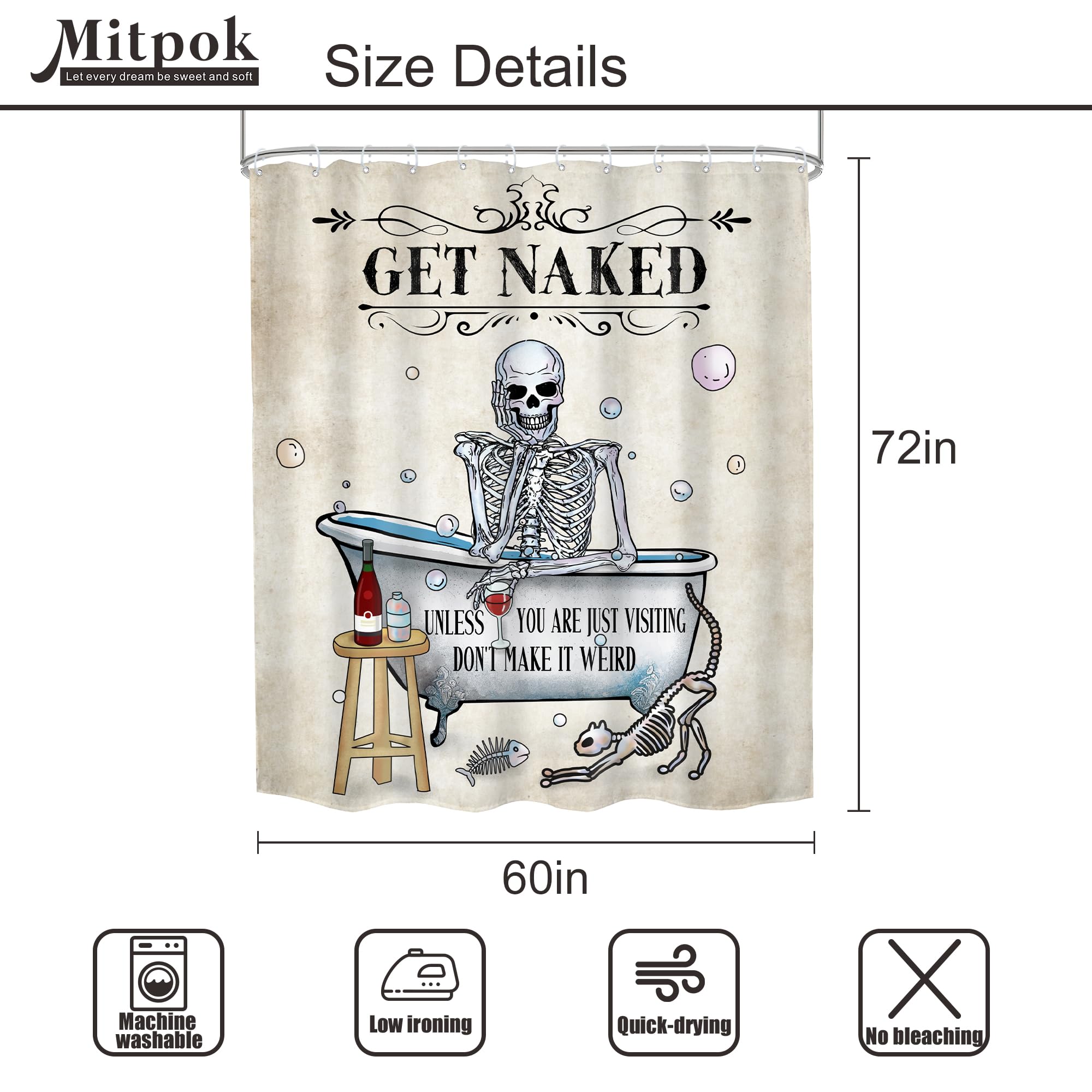 Mitpok Funny Skull Skeleton Shower Curtain 60Wx72H Gothic Spooky Cool Horror Unique Bone In Bathtub Bubbles Cat Fish Retro Scary