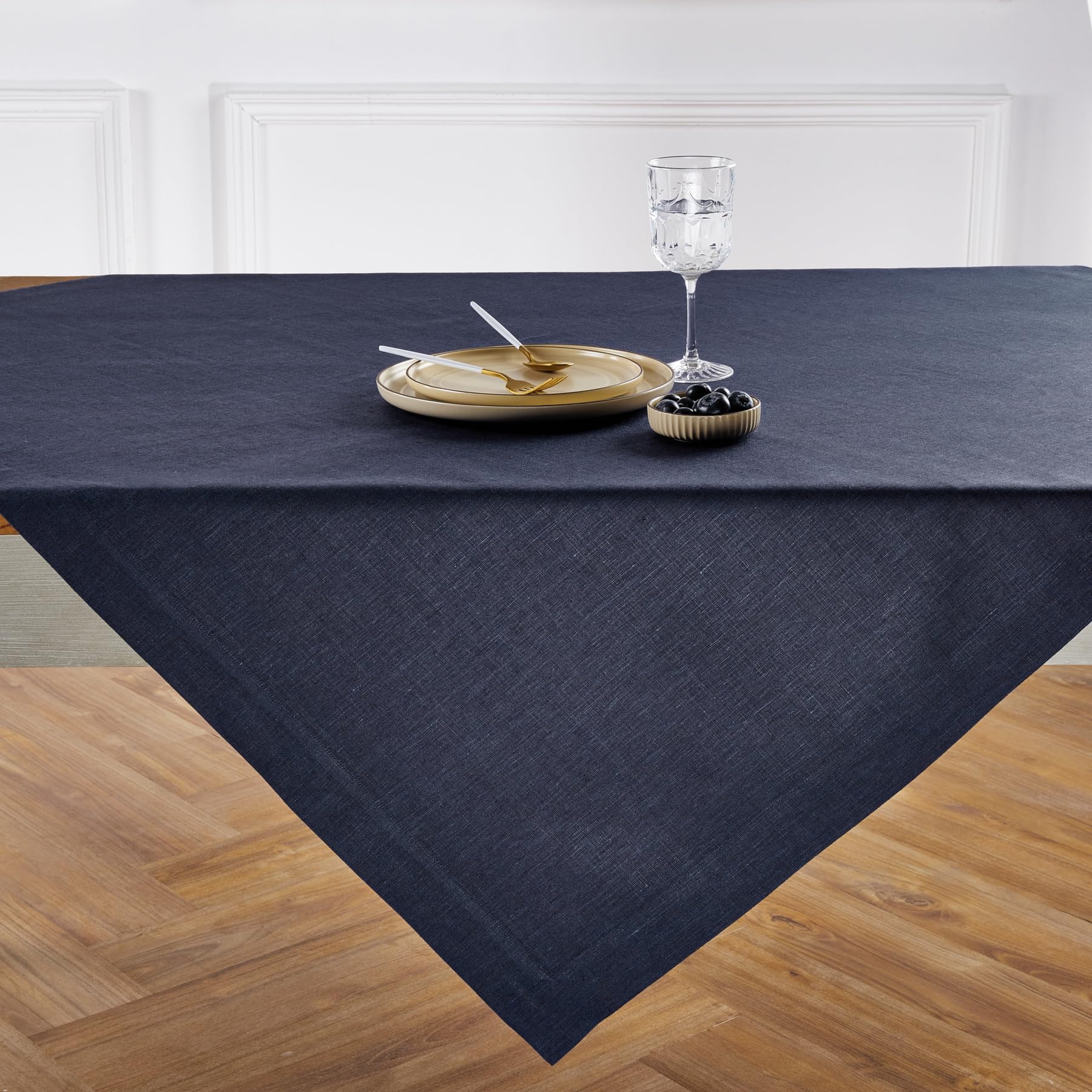 Solino Home Linen Tablecloth 52 X 52 Inch - Chambray Navy 100% Pure Linen Table Throw For Spring, Easter - Handcrafted And Machi