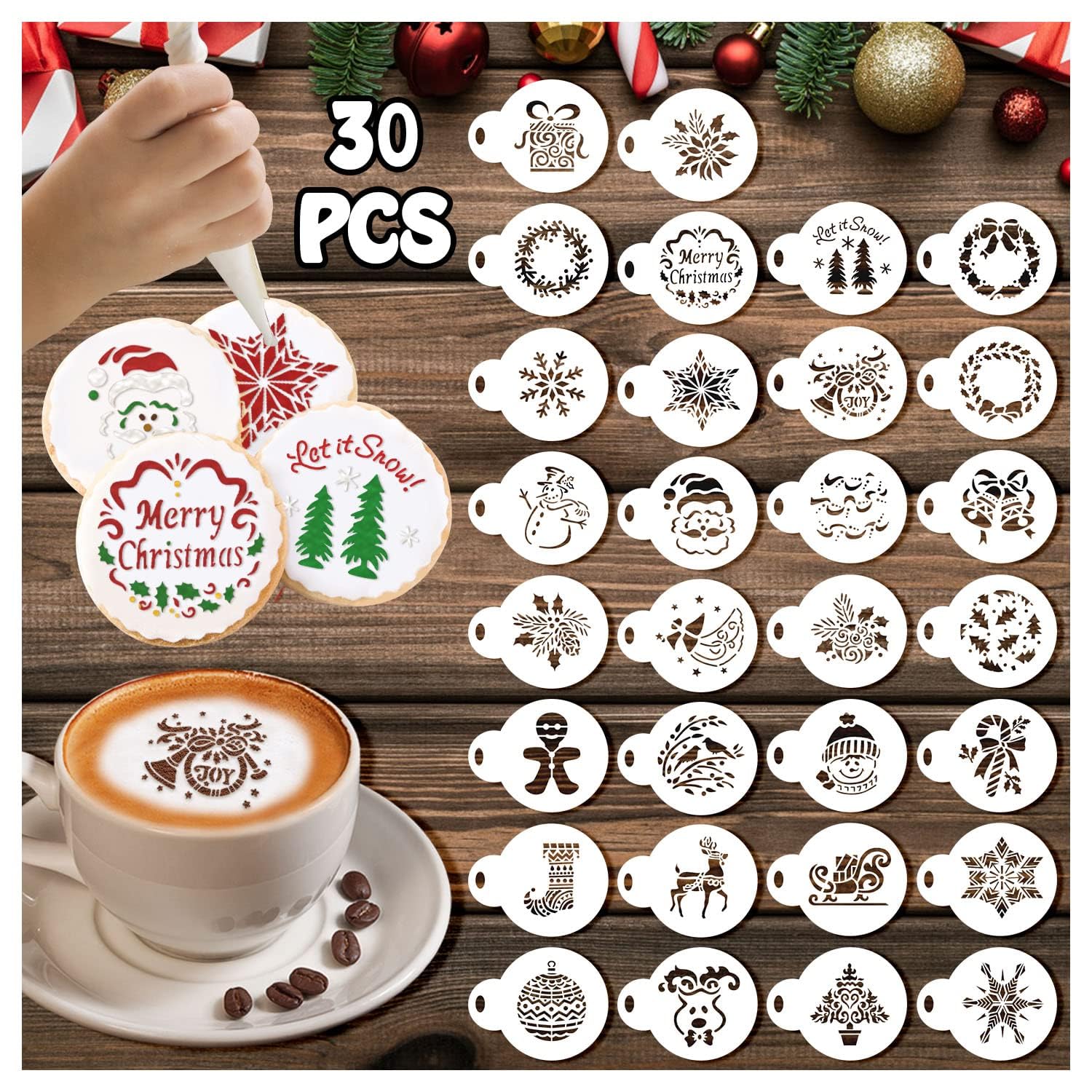 30Pcs Christmas Cookie Decorations, Christmas Cookie Stencils For Royal Icing, Christmas Cookie Decorating Kit Supplies Christma