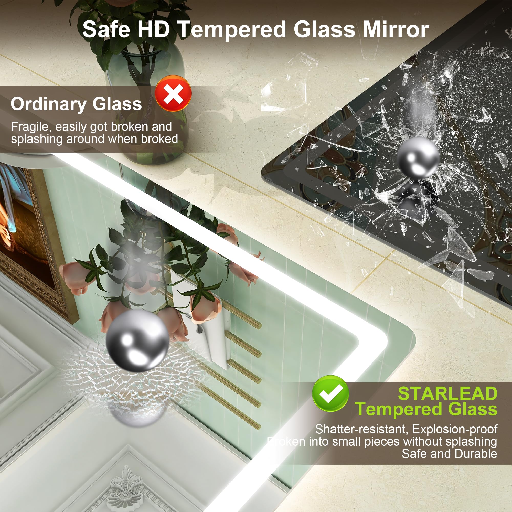 Led-Bathroom-Mirror-With-Lights, 40''X28'' Wall-Mounted With 3 Colors Dimmable Light, Bluetooth Speaker, Anti-Fog, Memory, Tempe