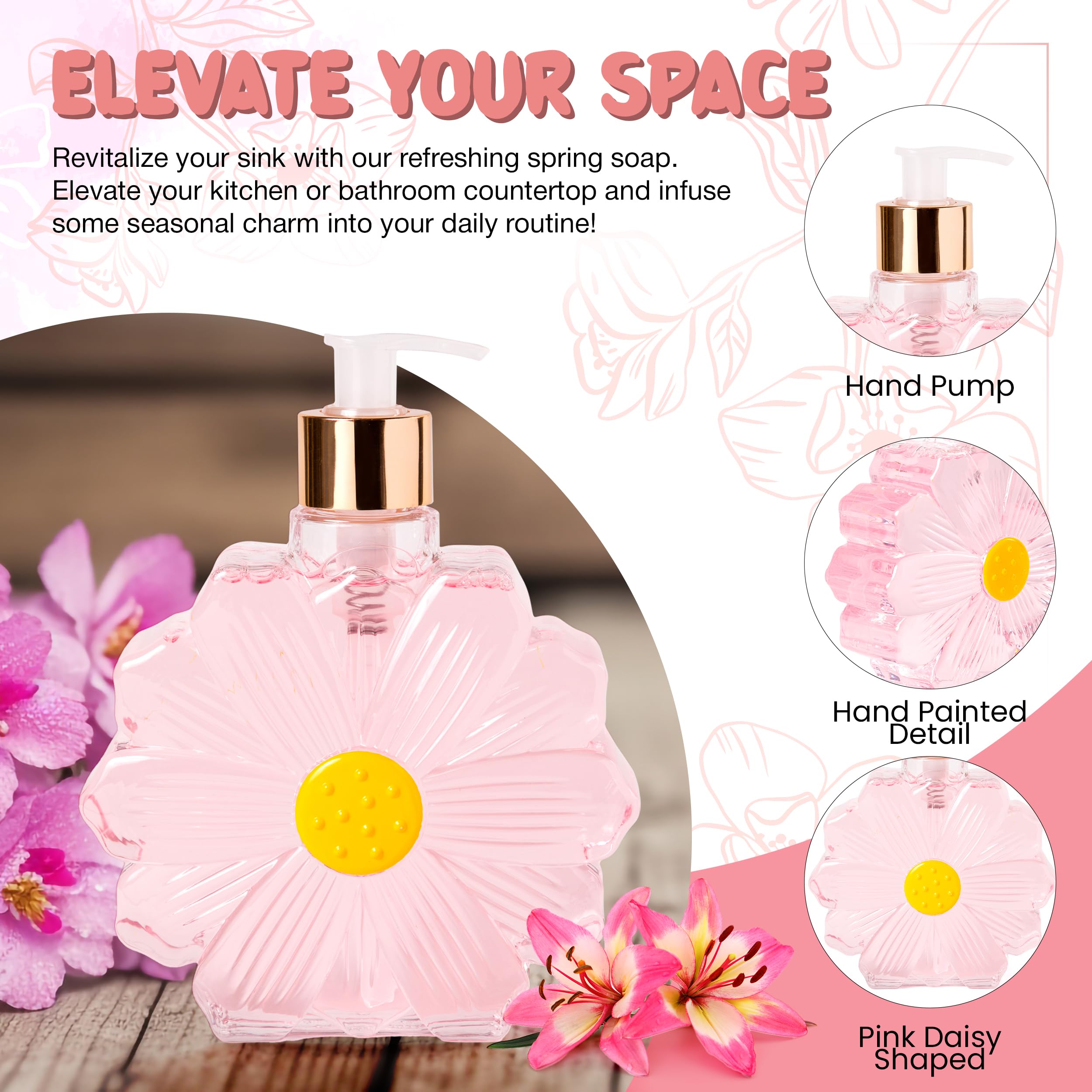 Simple Pleasures Pink Daisy Soap Dispenser - Cute Hand And Dish Soap Dispenser For Kitchen And Bathroom D  Cor - Cool Liquid Soa