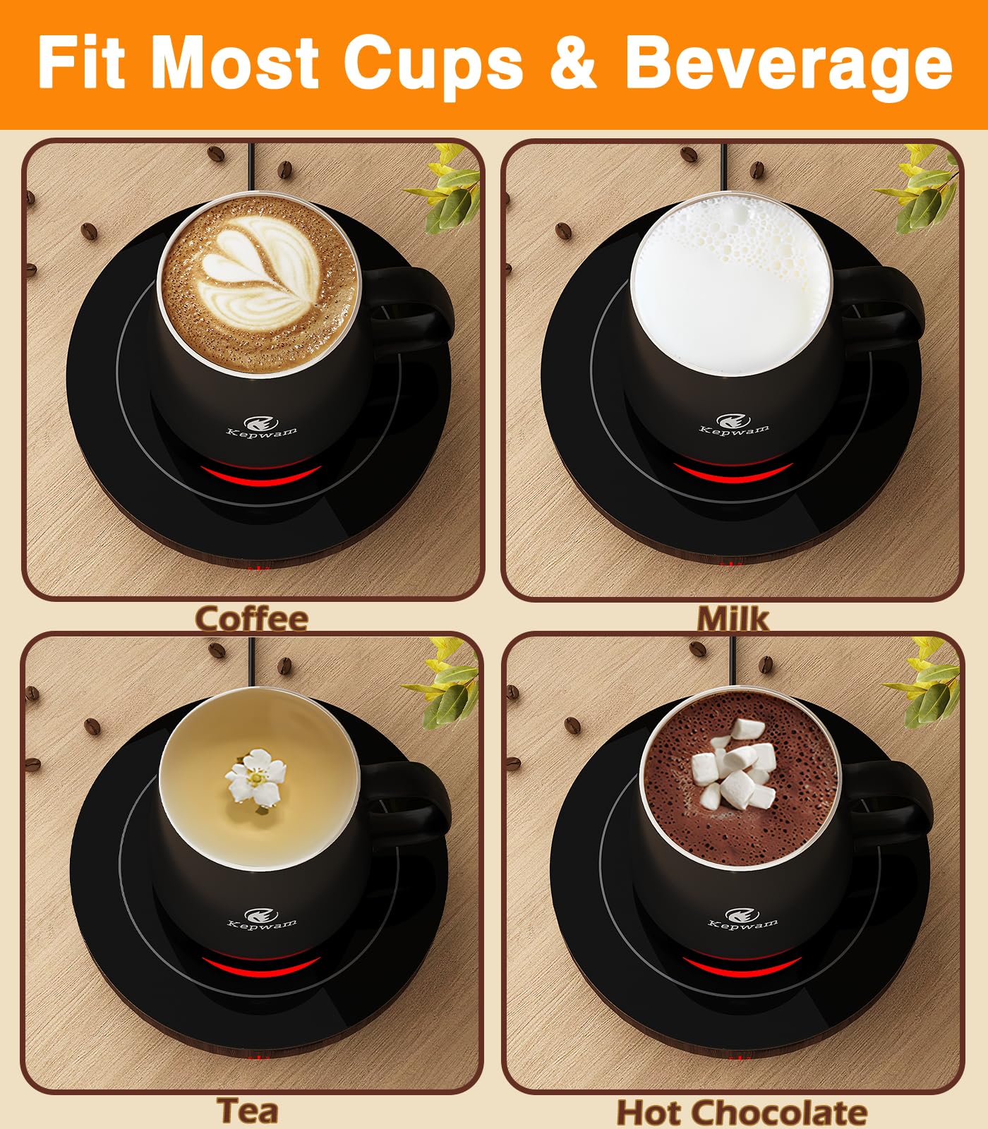 Kepwam Coffee Mug Warmer & Mug Set, Candle Warmer With Gravity Sensor, 3 Temp Settings Coffee Warmer For Desk 6H Auto Shut Off C