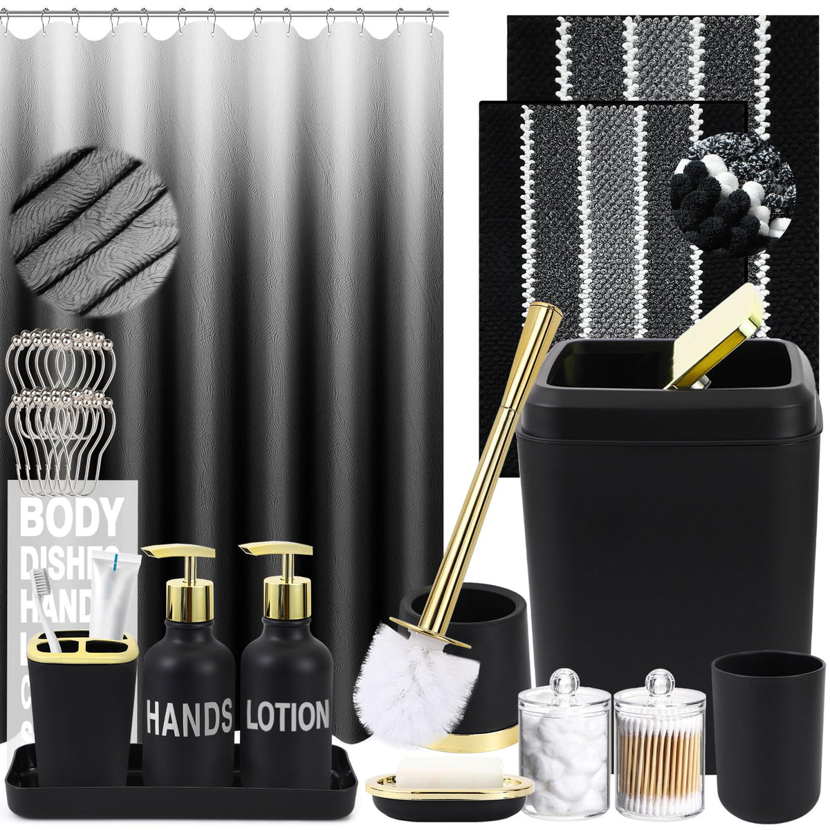Xlhomo 25Pcs Black Bathroom Accessories Sets Complete, With Shower Curtain, Rugs, Trash Can And Toilet Brush, Soap Dispenser, To