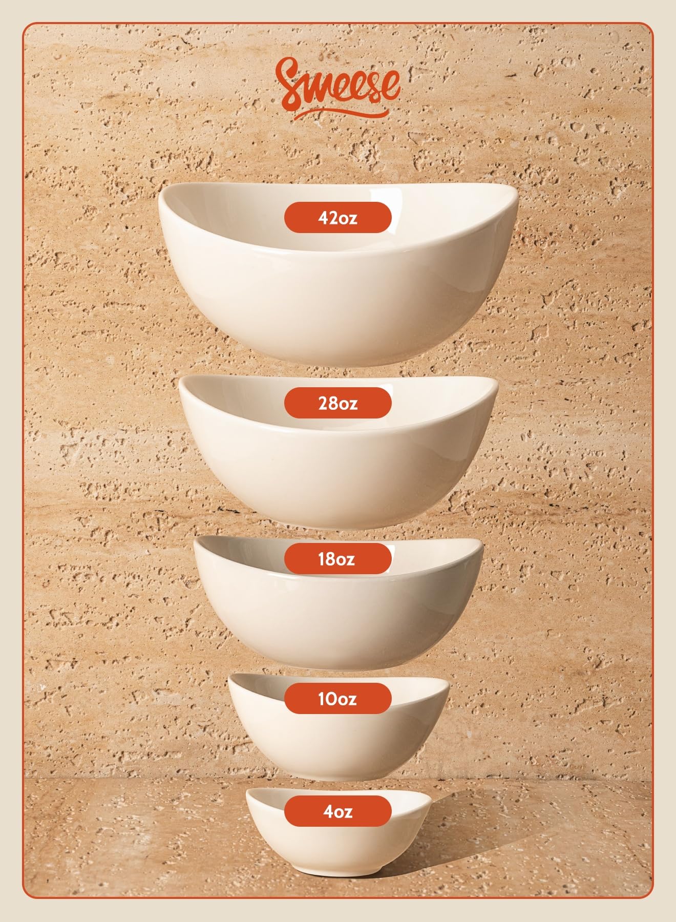 Sweese 5 Inch Porcelain Small 10 Oz Bowls Set Of 6, For Dessert | Ice Cream | Soup | Rice | Fruits | Small Portions - Microwave,